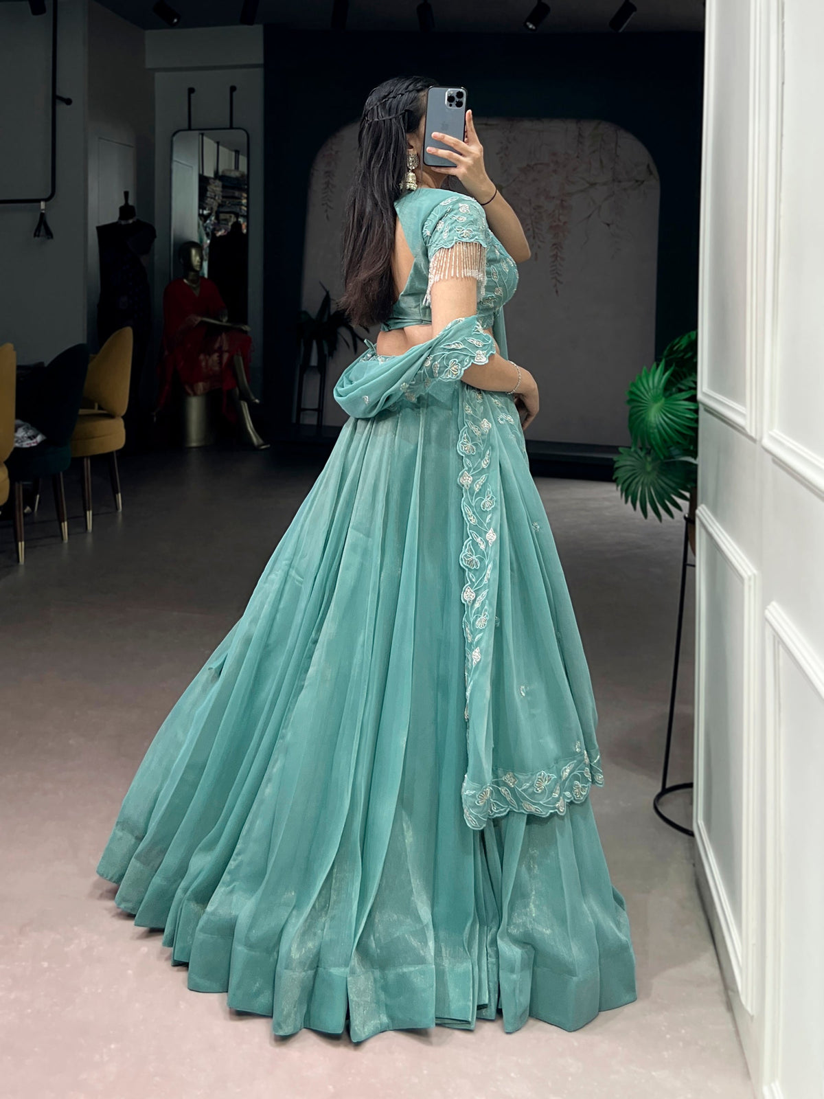 Seagreen Lehenga Choli with Gold Coin Beads and Embroidery