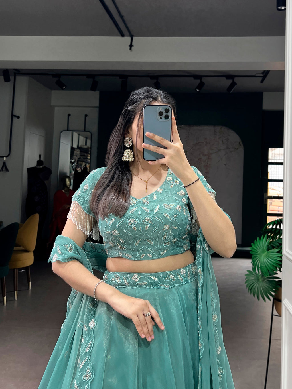 Seagreen Lehenga Choli with Gold Coin Beads and Embroidery