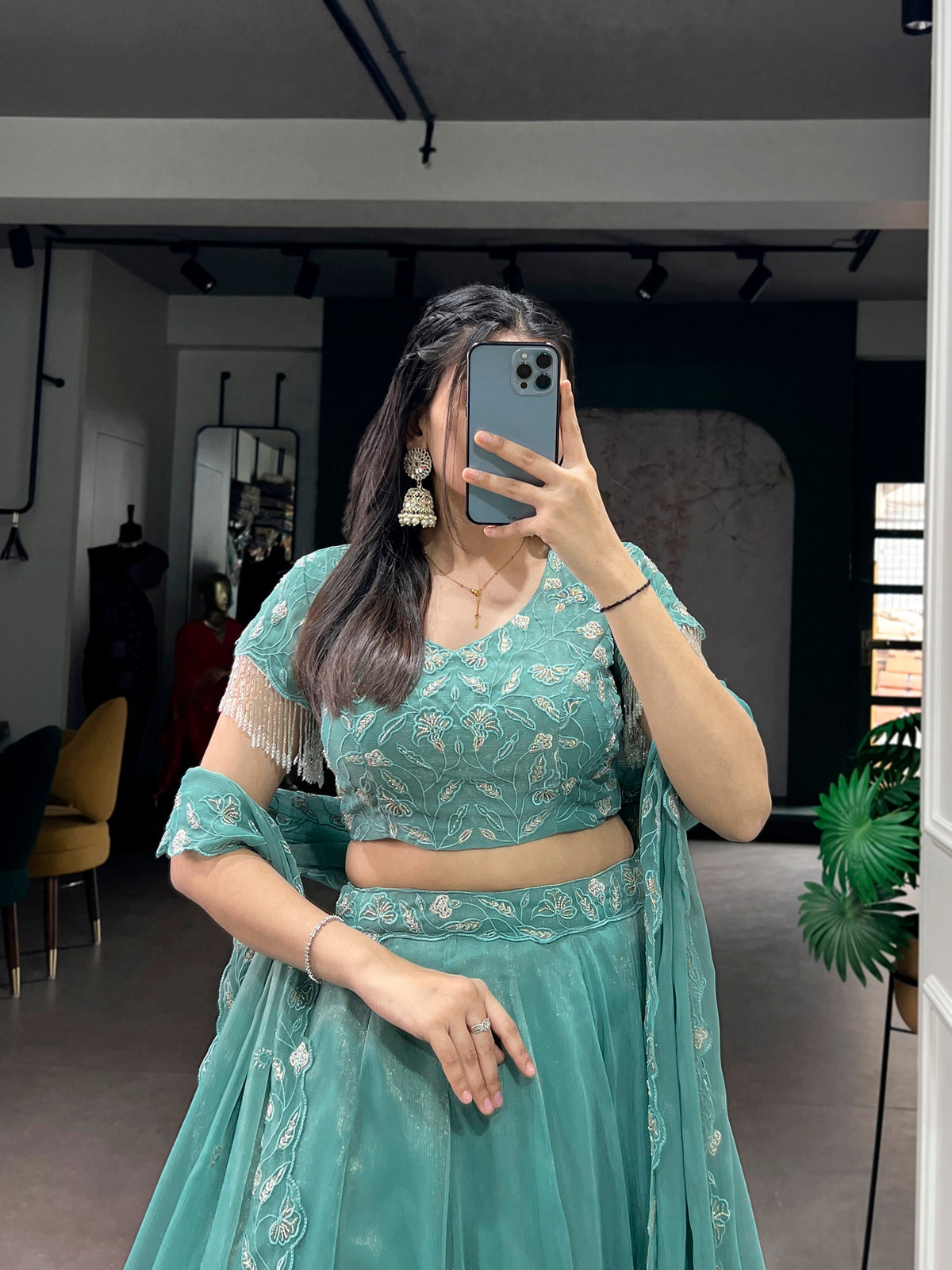 Seagreen Lehenga Choli with Gold Coin Beads and Embroidery