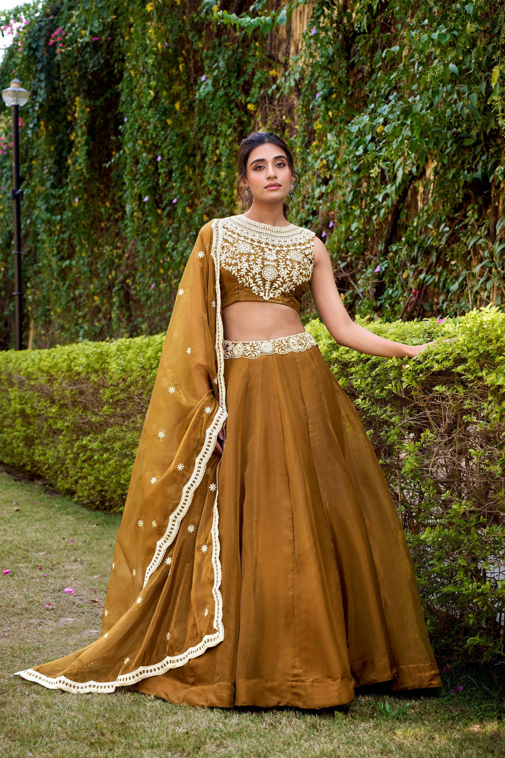 Brown Chanda Silk lehenga choli with sequin embroidery and decorative waist belt