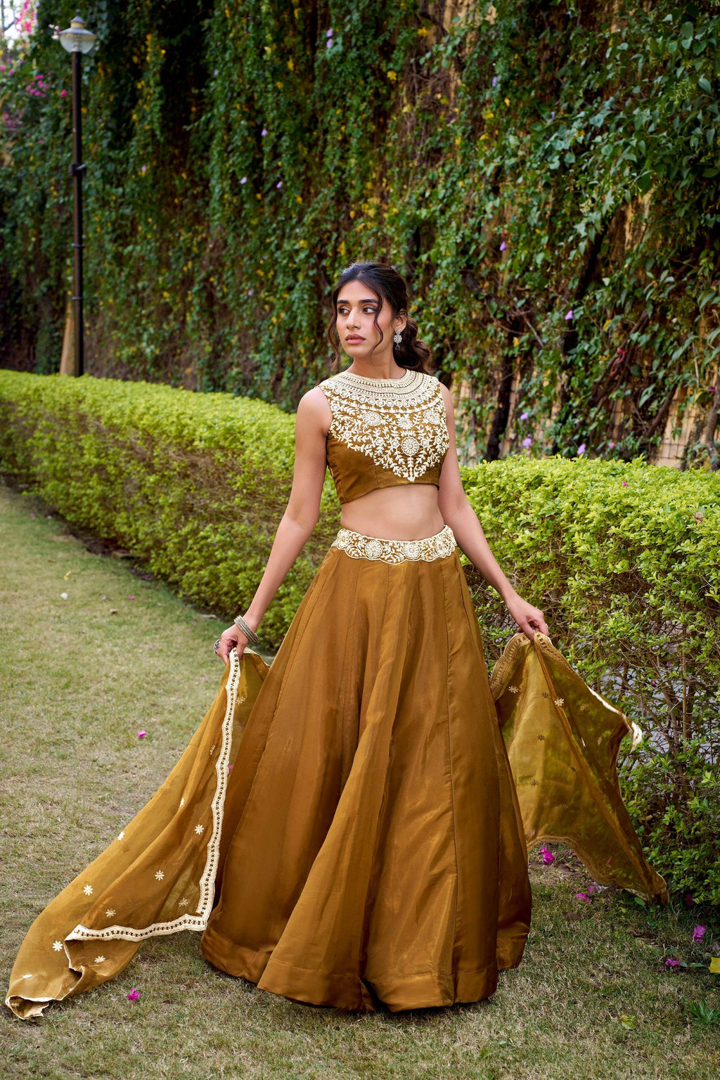 Brown Chanda Silk Lehenga Choli with Embroidered Belt and Sequins