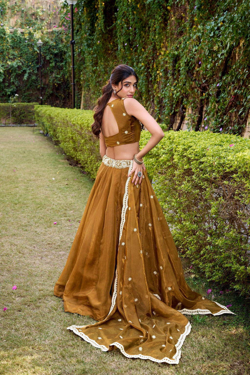 Brown Chanda Silk Lehenga Choli with Embroidered Belt and Sequins