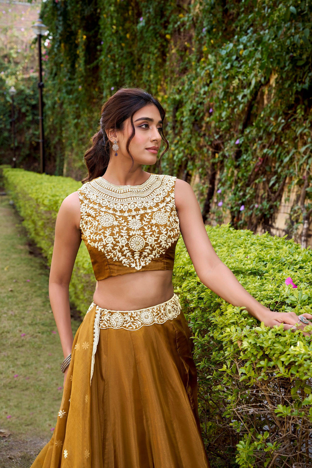 Brown Chanda Silk Lehenga Choli with Embroidered Belt and Sequins