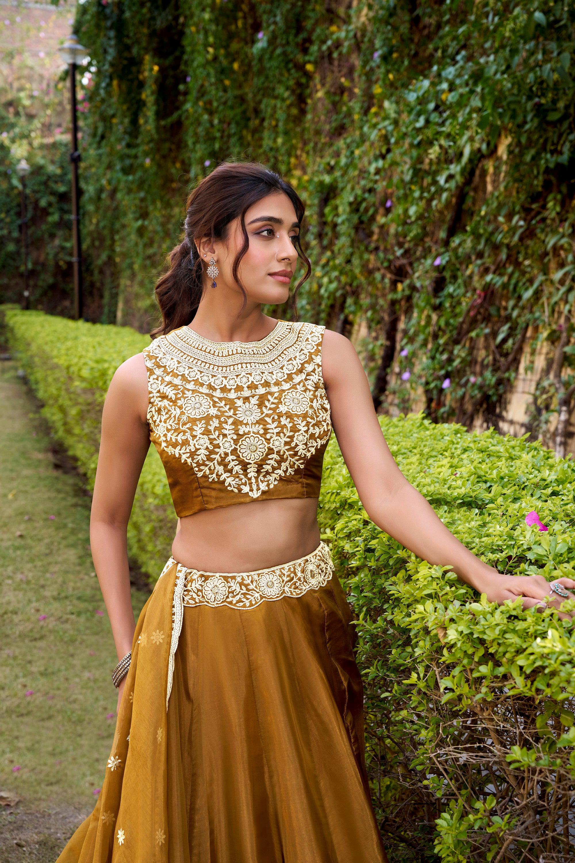 Brown Chanda Silk Lehenga Choli with Embroidered Belt and Sequins