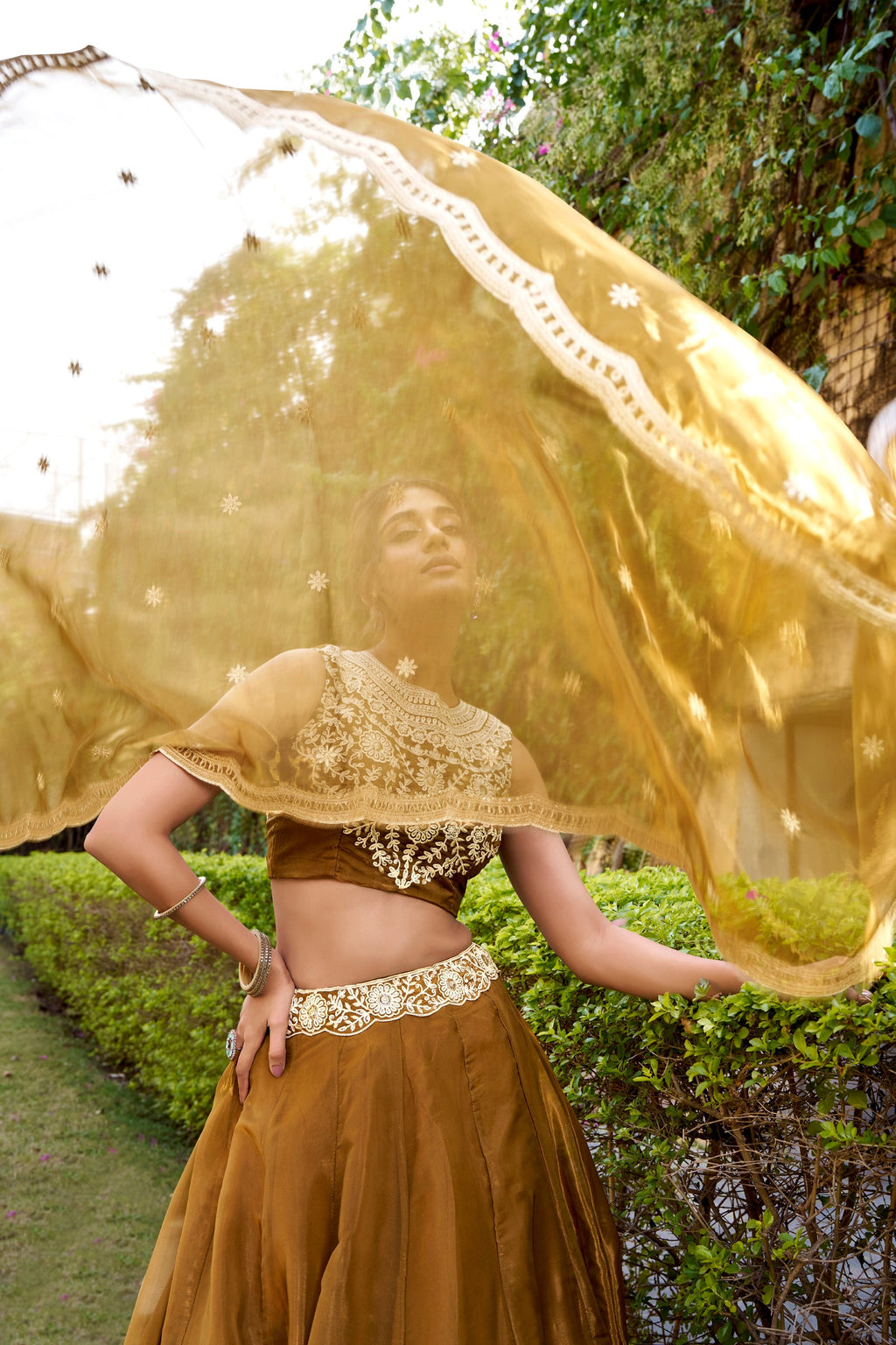 Brown Chanda Silk Lehenga Choli with Embroidered Belt and Sequins