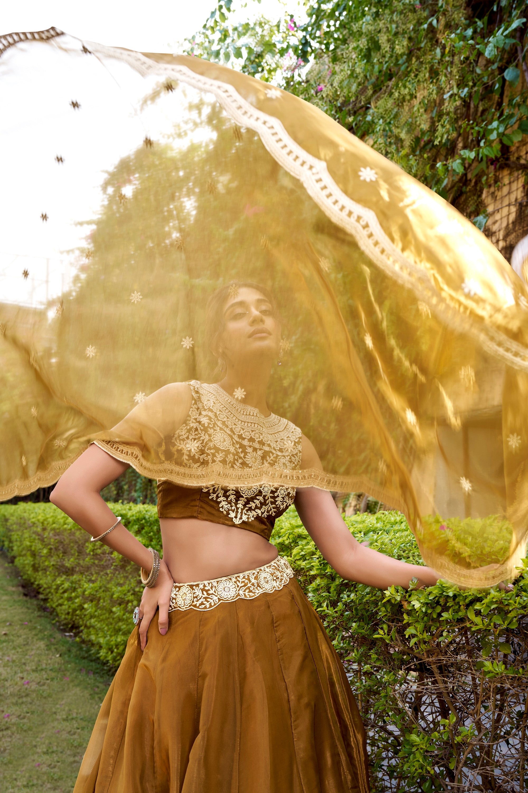 Brown Chanda Silk Lehenga Choli with Embroidered Belt and Sequins