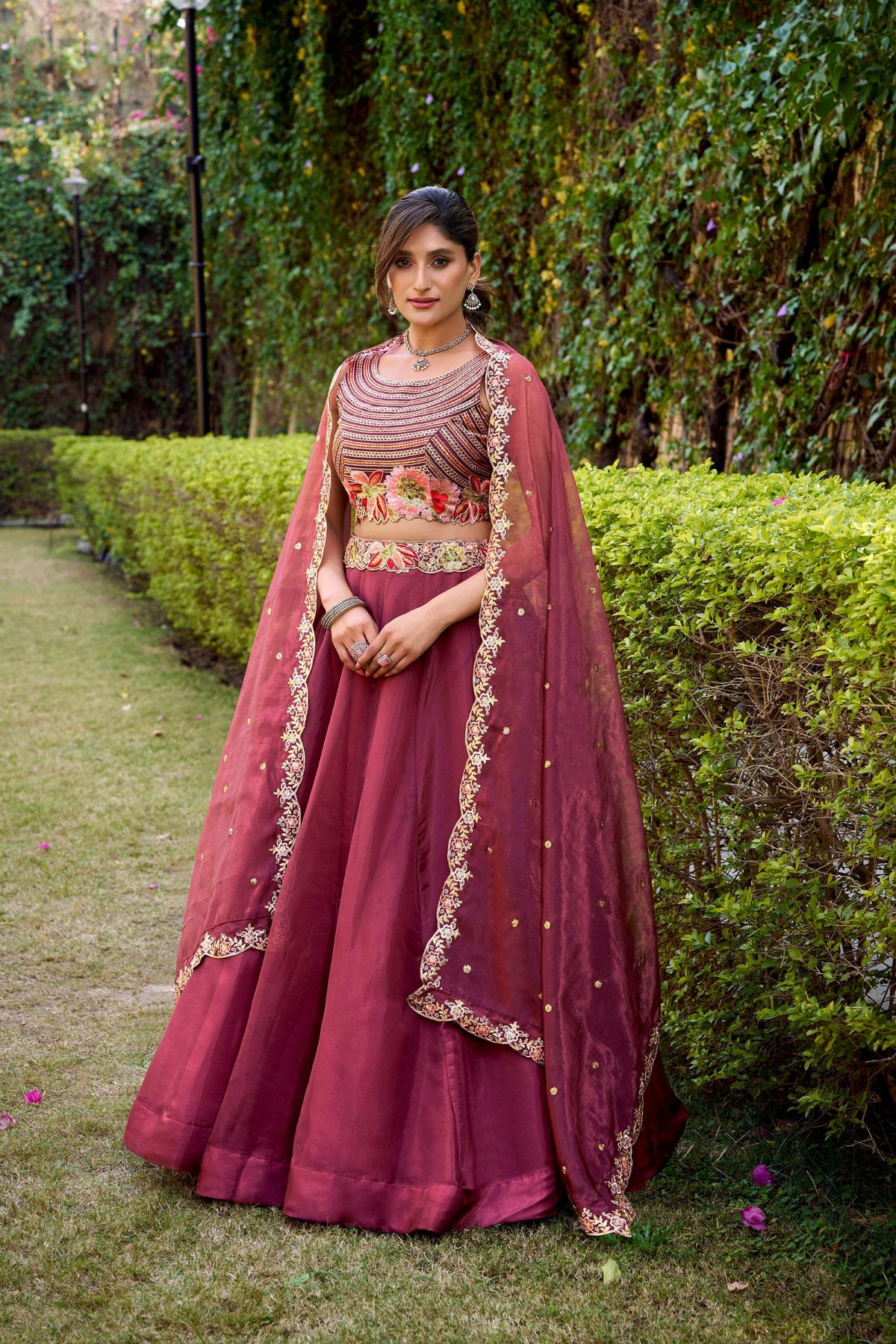 Rust Chanda Silk Lehenga Choli with sequins, thread embroidery belt, and 5-meter flare