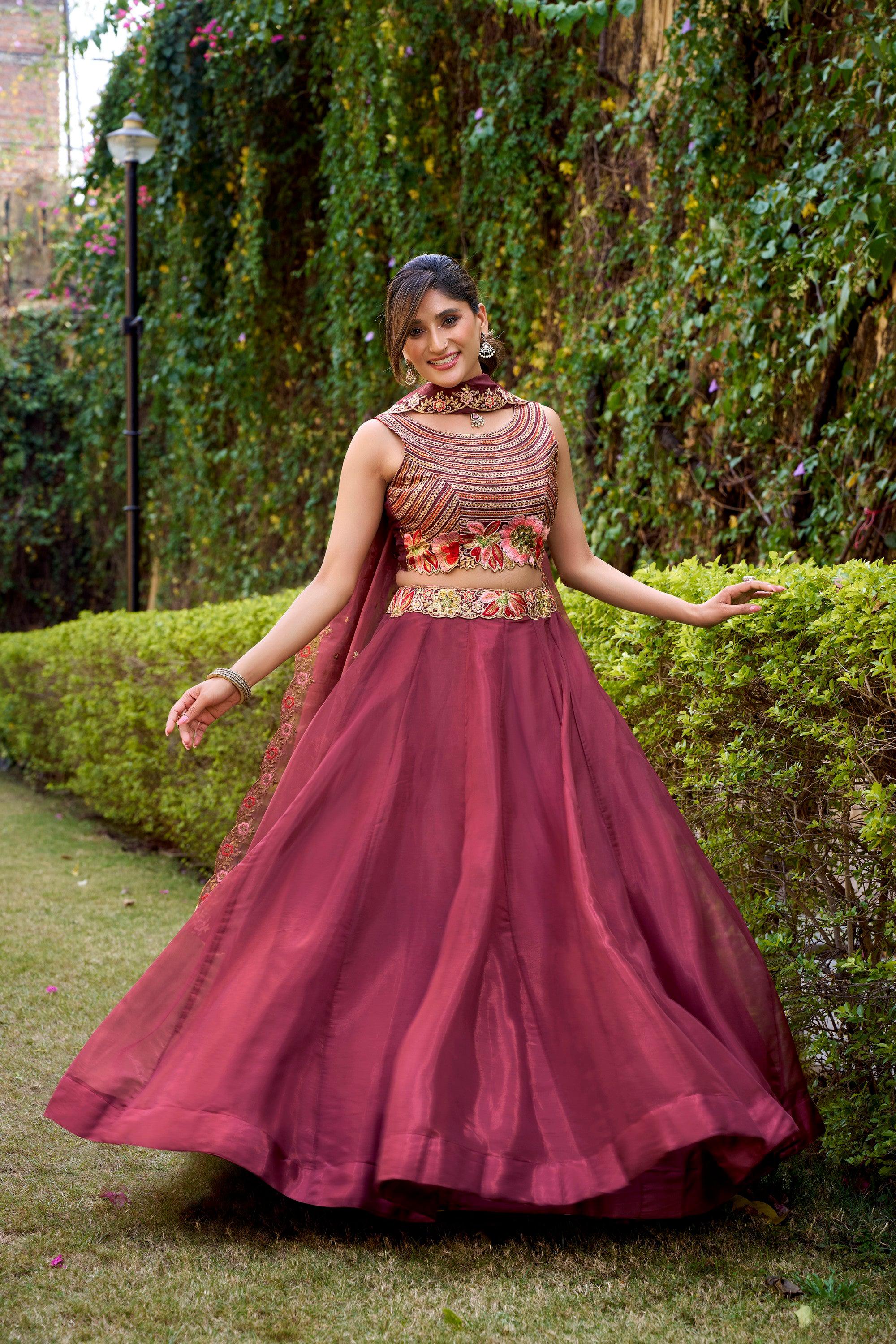 Rust Chanda Silk Embroidered Lehenga Choli Set with Belt