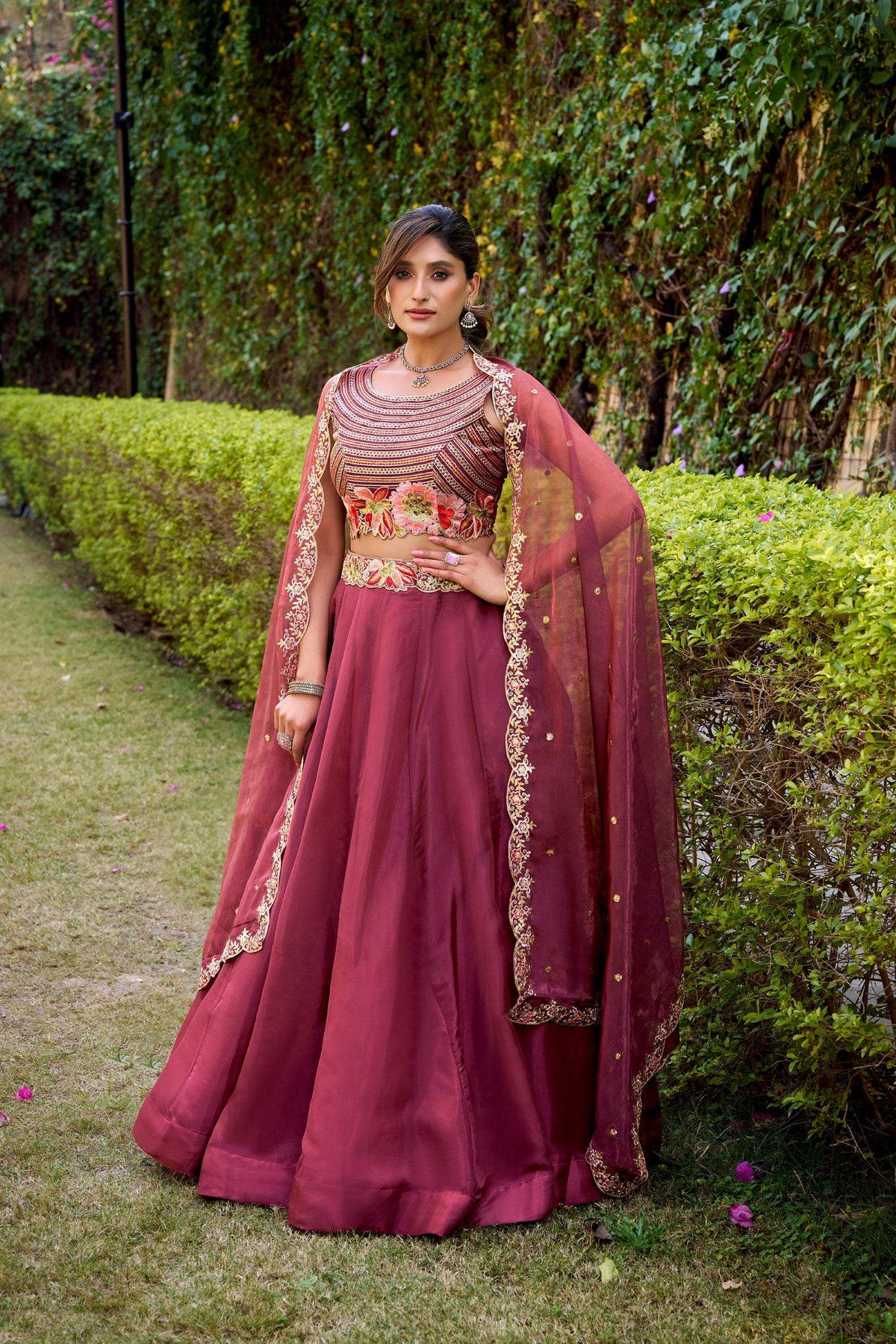 Rust Chanda Silk Embroidered Lehenga Choli Set with Belt