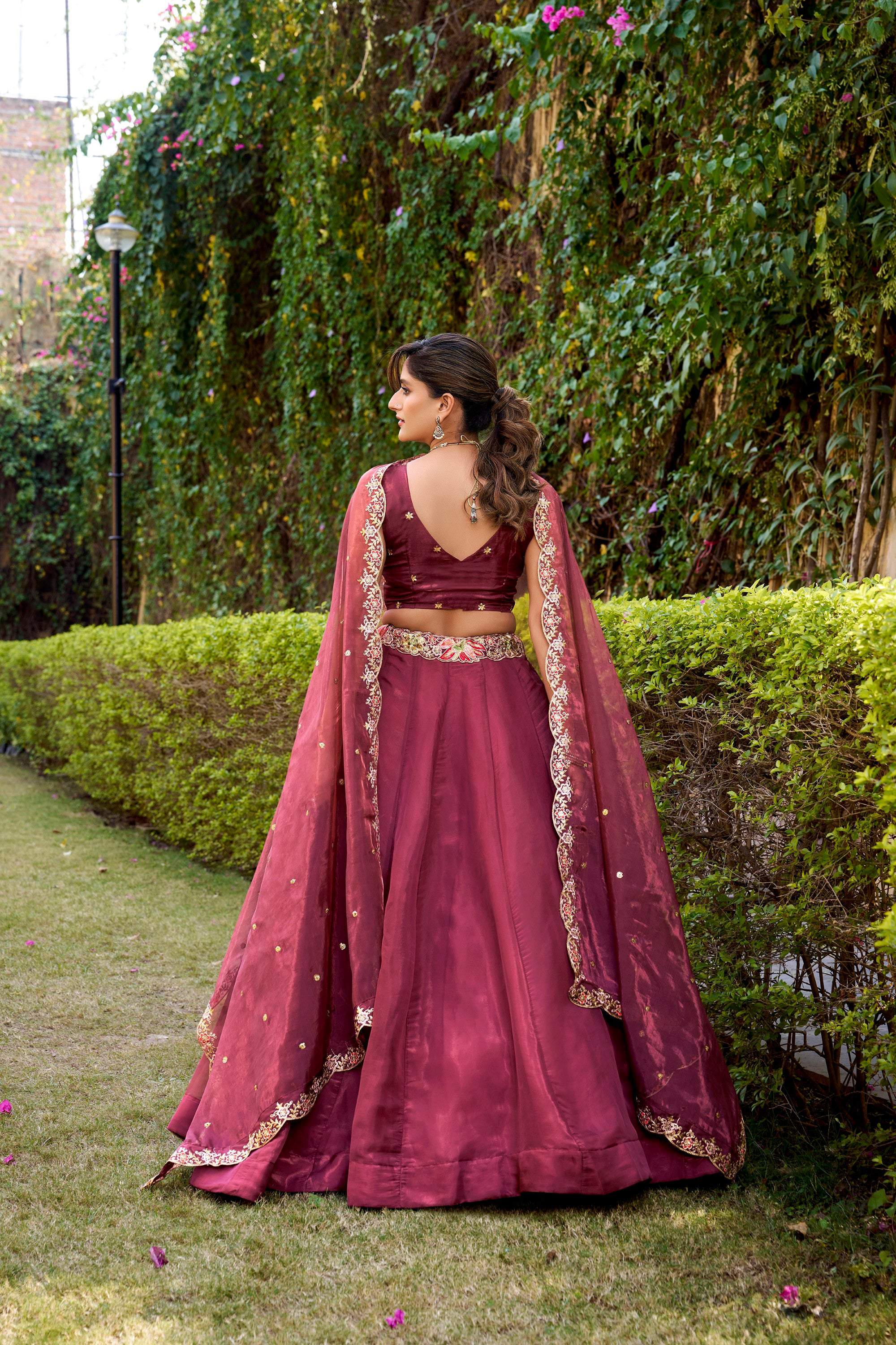Rust Chanda Silk Embroidered Lehenga Choli Set with Belt