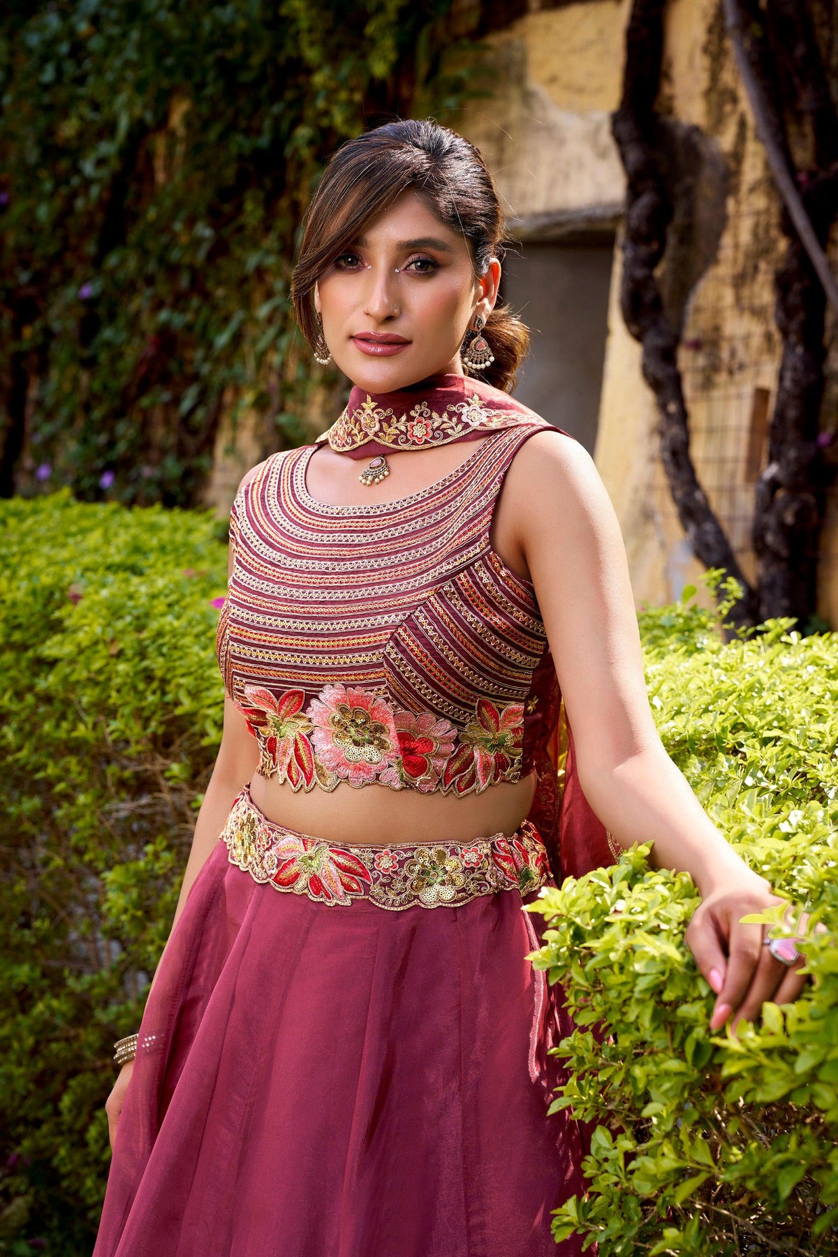 Rust Chanda Silk Embroidered Lehenga Choli Set with Belt