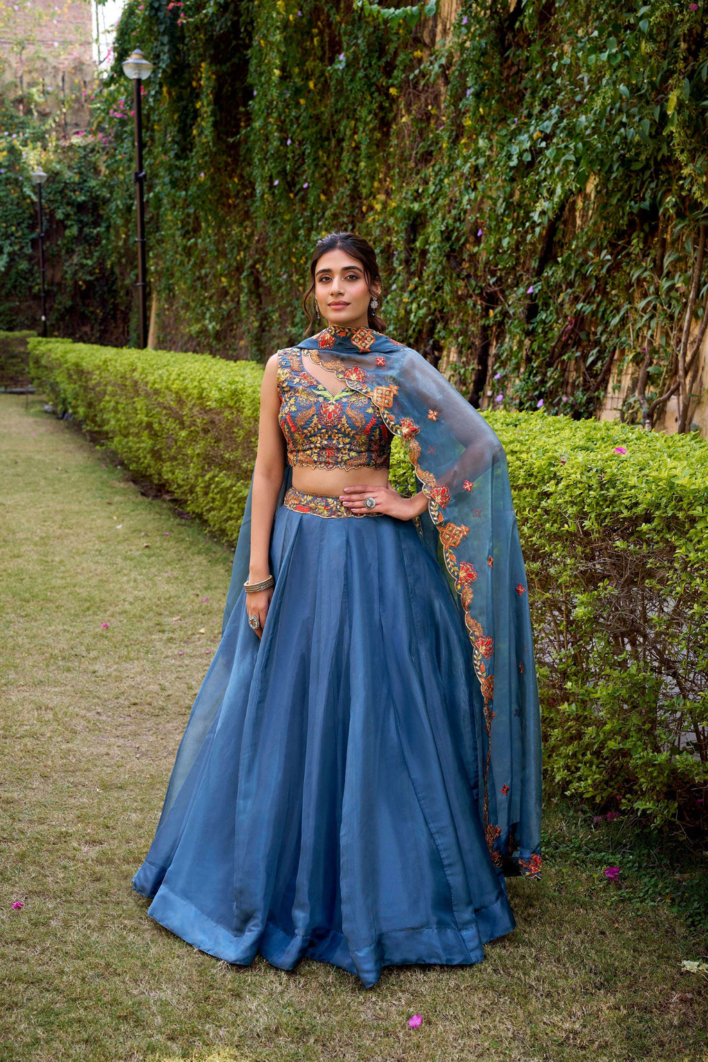 Teal Chanda Silk lehenga choli with sequin and thread embroidery belt detail