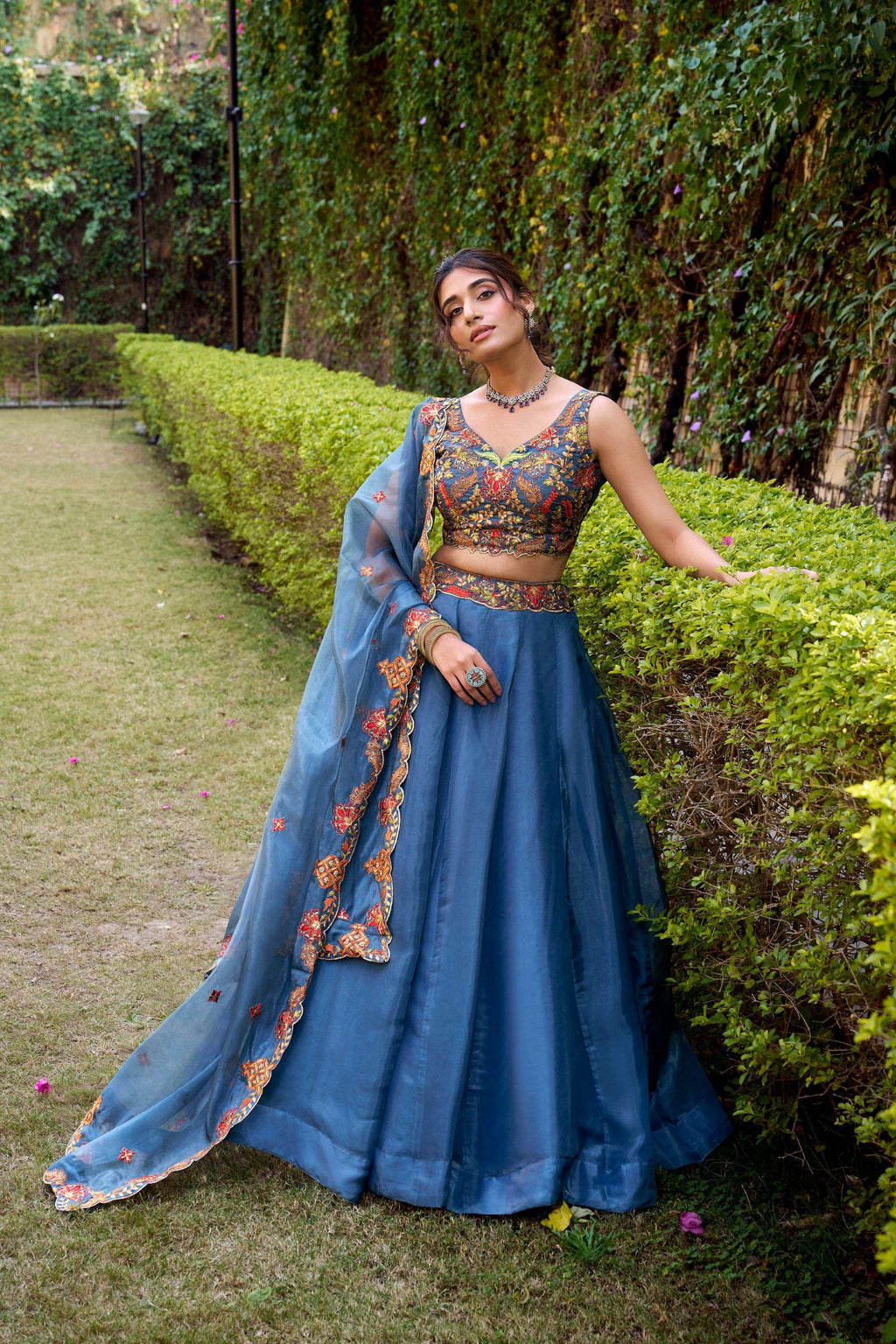 Teal Chanda Silk Lehenga Choli with Sequins and Embroidery Belt