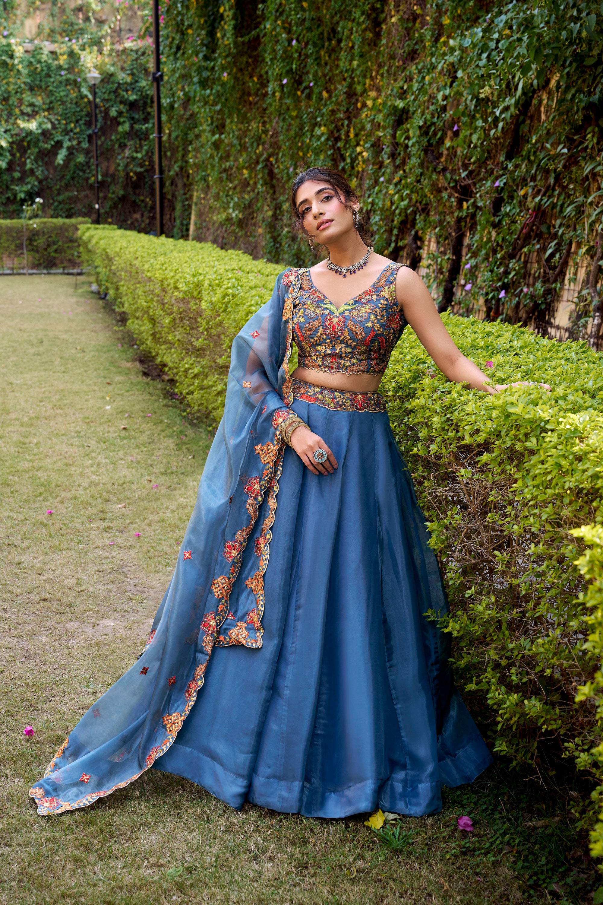 Teal Chanda Silk Lehenga Choli with Sequins and Embroidery Belt