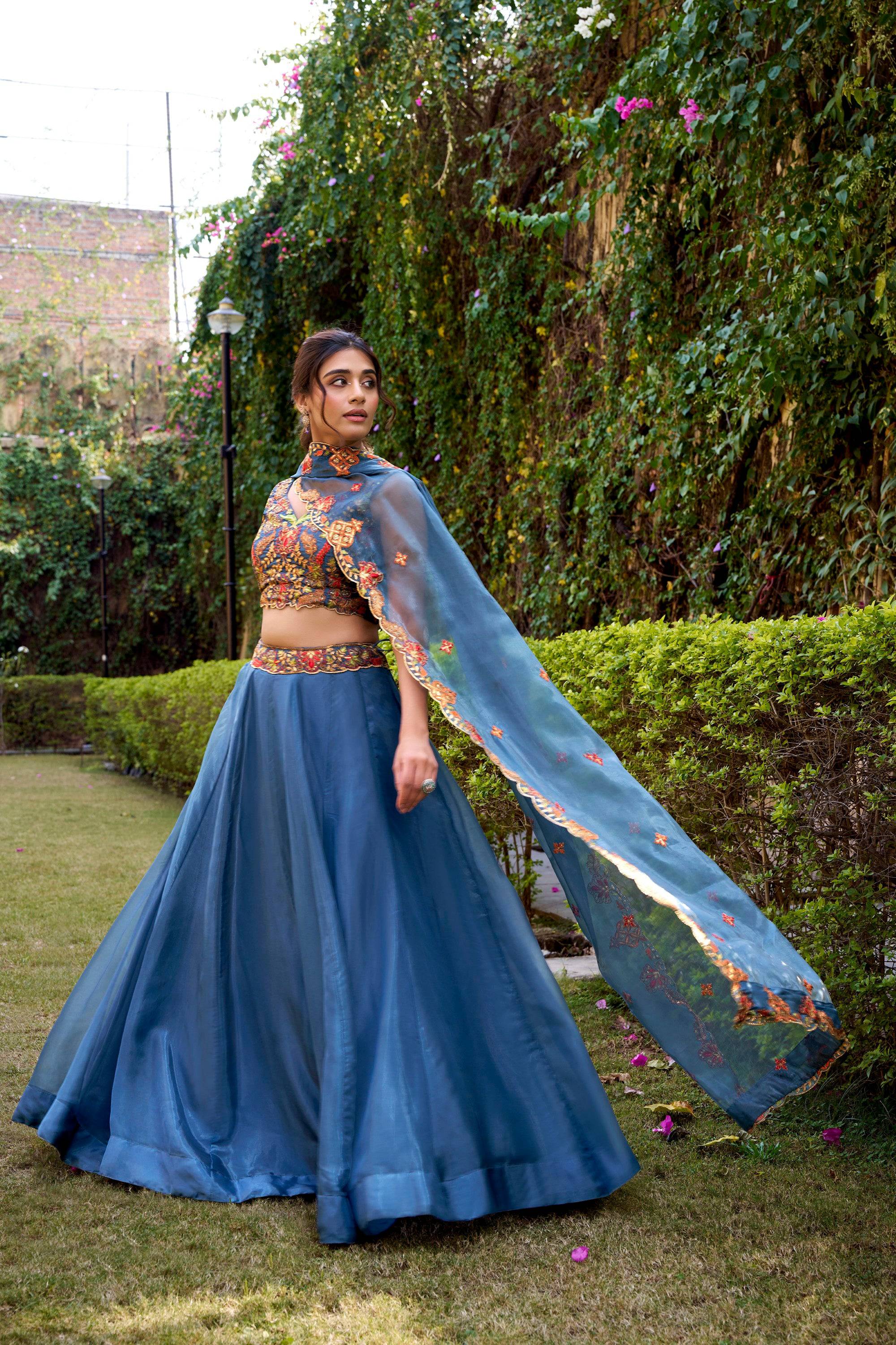 Teal Chanda Silk Lehenga Choli with Sequins and Embroidery Belt
