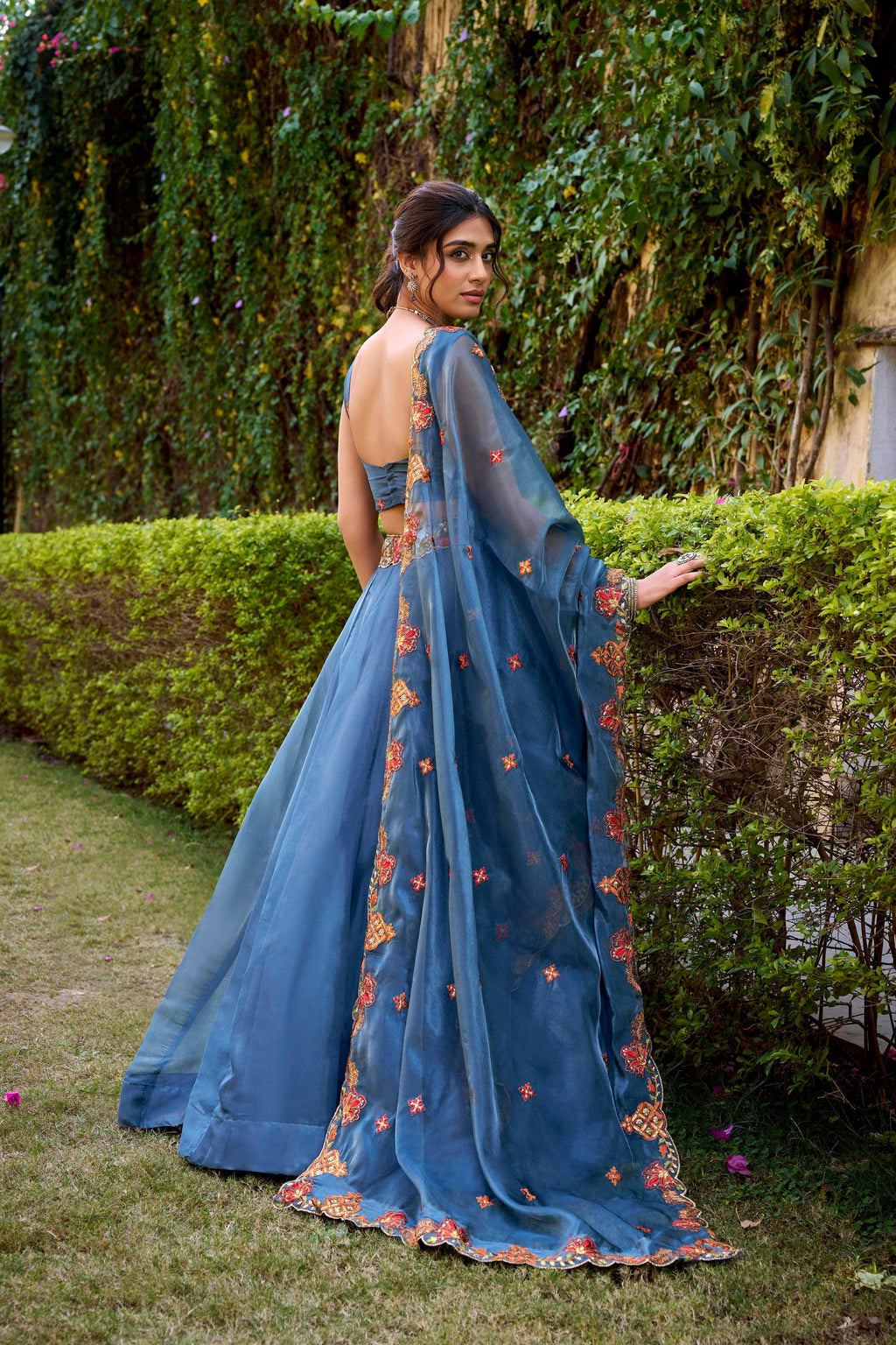 Teal Chanda Silk Lehenga Choli with Sequins and Embroidery Belt