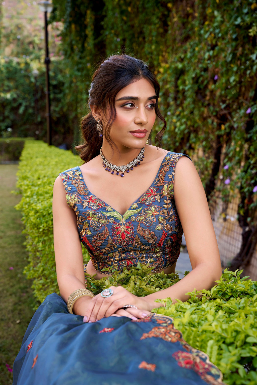 Teal Chanda Silk Lehenga Choli with Sequins and Embroidery Belt