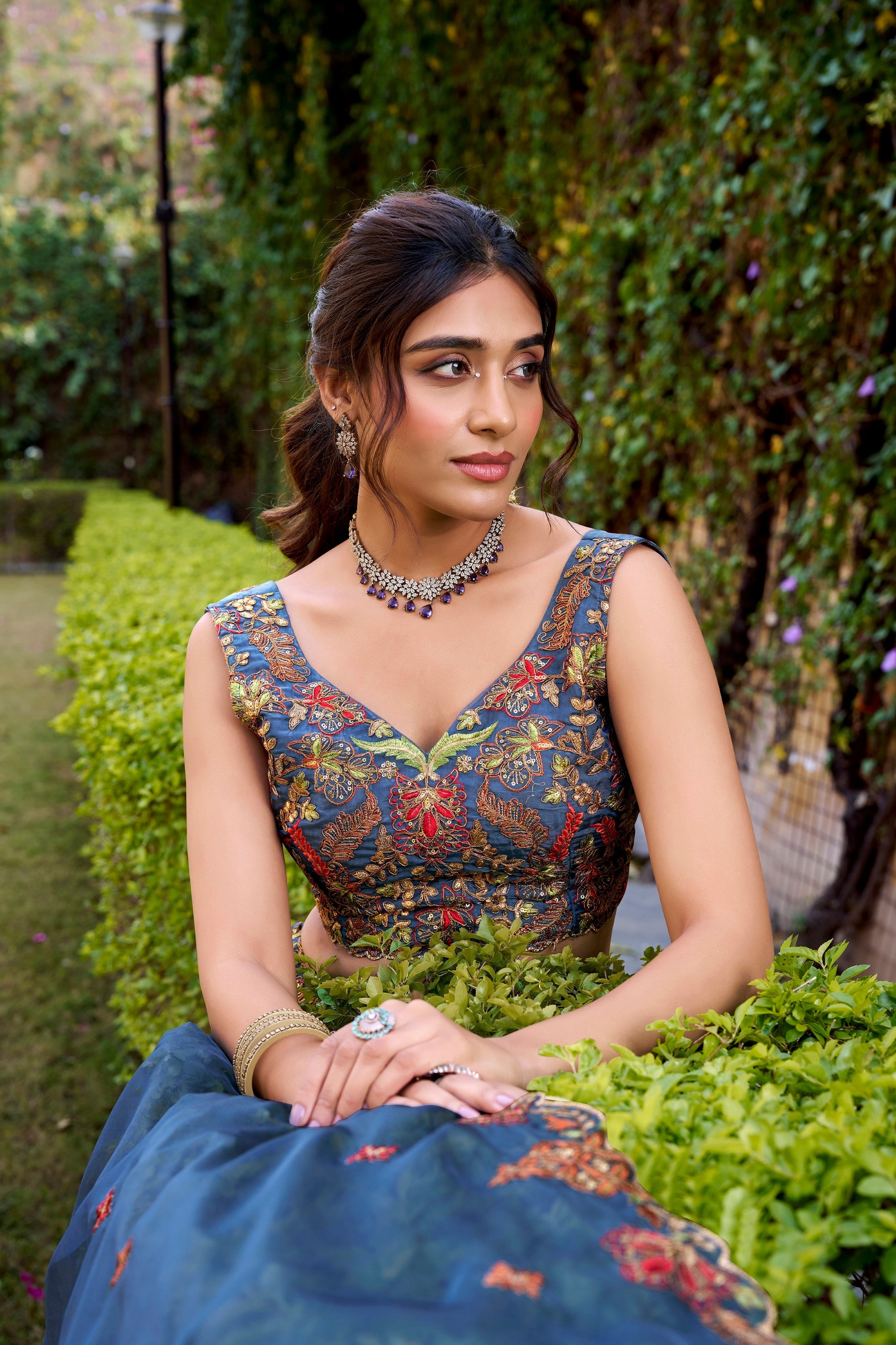 Teal Chanda Silk Lehenga Choli with Sequins and Embroidery Belt