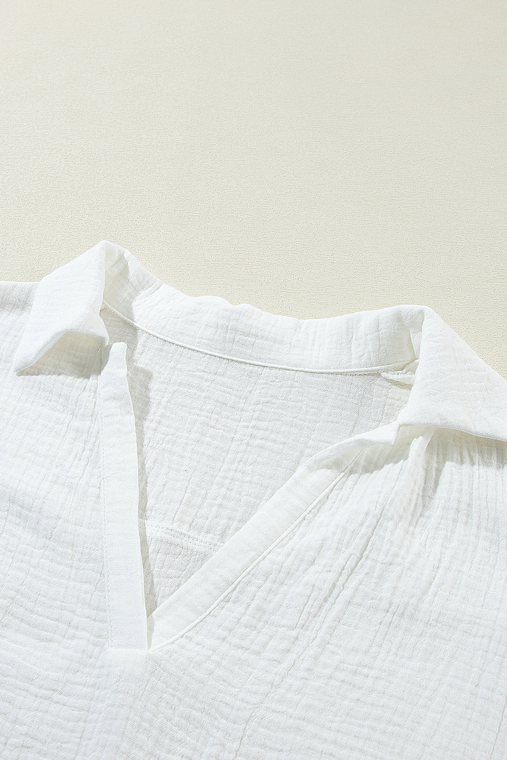 Women's Crinkled V-Neck Blouse with Lace Sleeve Detail