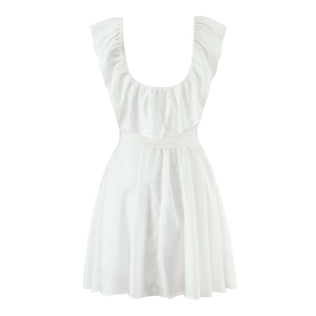 French Sexy Deep U Neck Fitted Waist Bowknot Lace up Dress Slim Fit Slimming Sexy Vest Dress