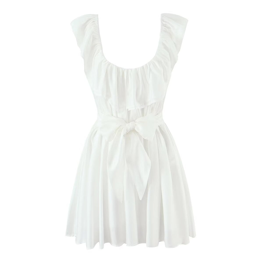 French Sexy Deep U Neck Fitted Waist Bowknot Lace up Dress Slim Fit Slimming Sexy Vest Dress