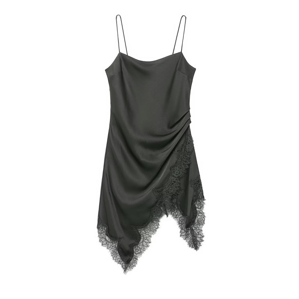 Elegant Boat Neck Irregular Asymmetric Spaghetti Strap Lace Stitching Dress Women