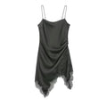 Elegant Boat Neck Irregular Asymmetric Spaghetti Strap Lace Stitching Dress Women