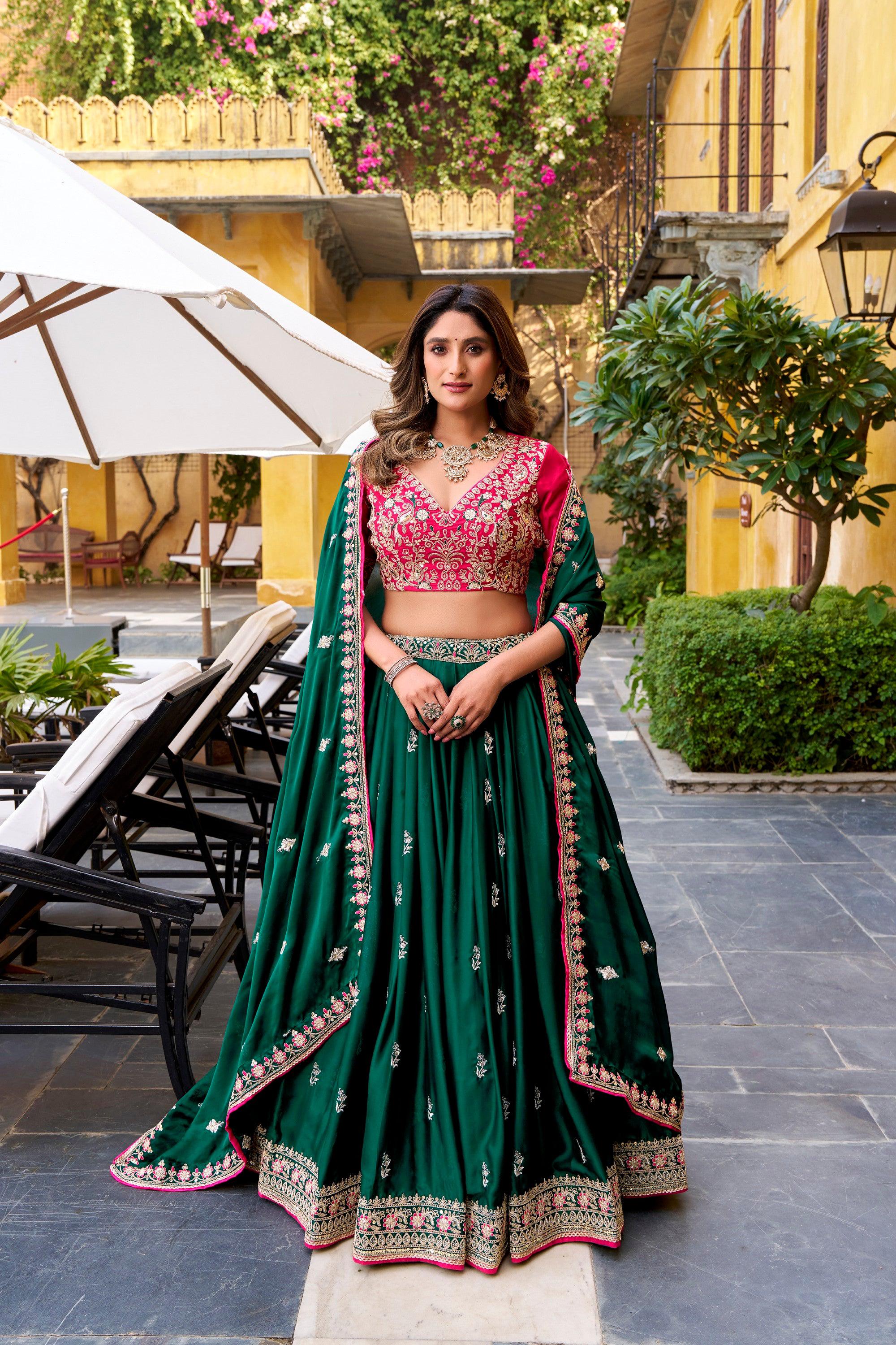Lorenvalley Fashion Silk Satin Sequins and Thread Embroidery Work Lehenga Choli with Dupatta
