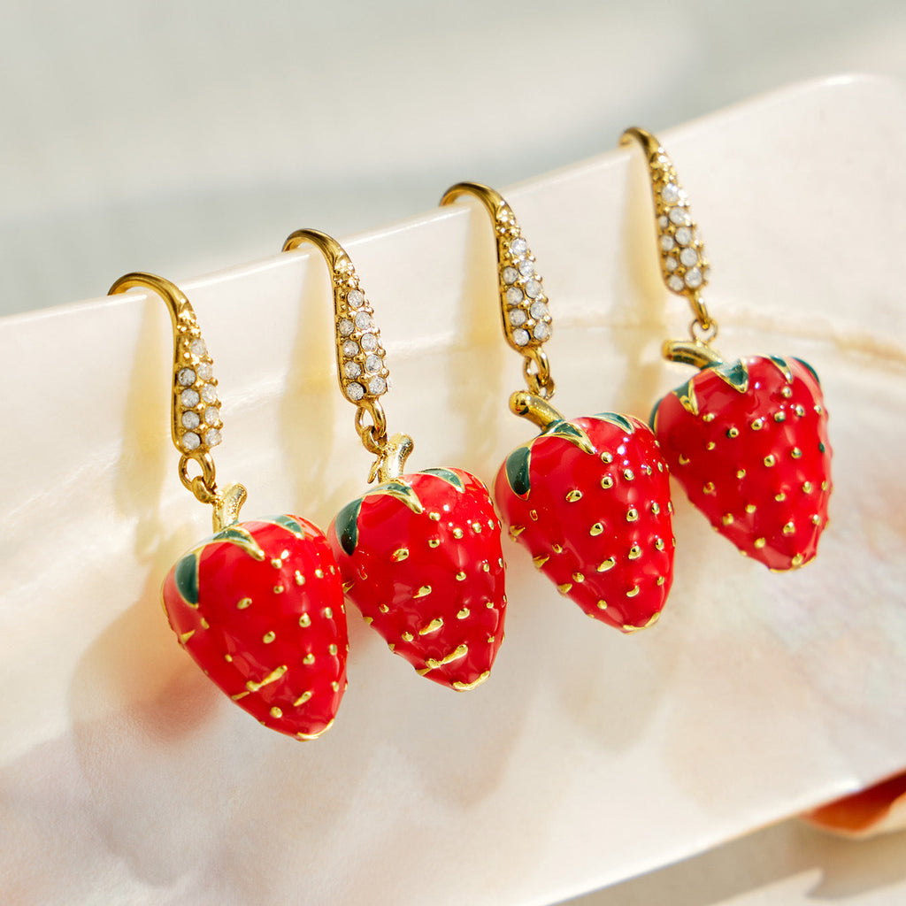 Strawberry Enamel Zircon Inlaid Earrings PVD Gold Plated Titanium Steel Fashion Women Ear Jewelry For Daily Dating Party Occasions