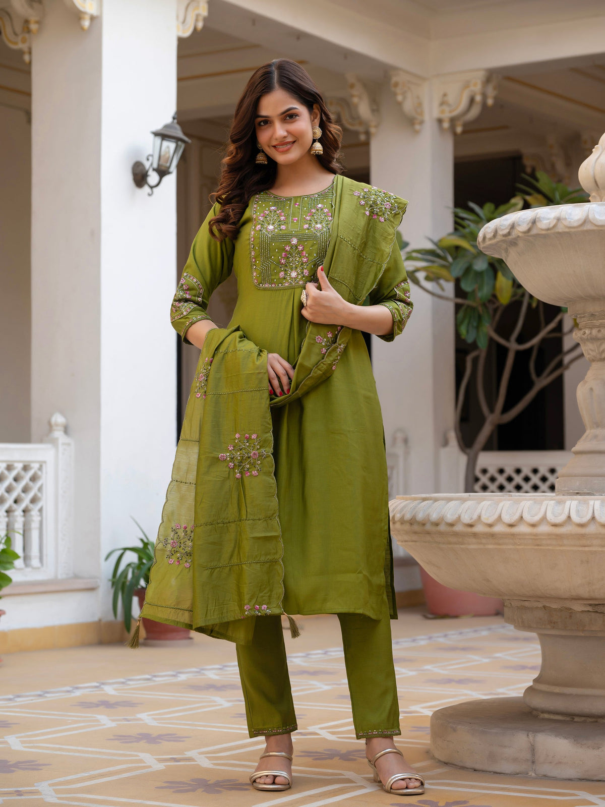 Mehendi colored pure viscose mango silk kurta set with multi-embroidery and hand-work sequins
