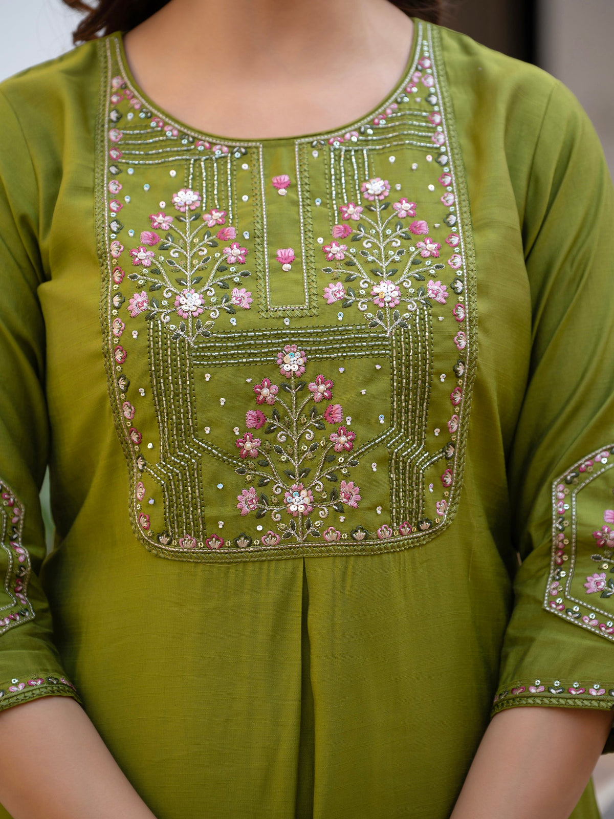 Mehendi Viscose Mango Silk Kurta Set with Hand-Embroidered Sequins