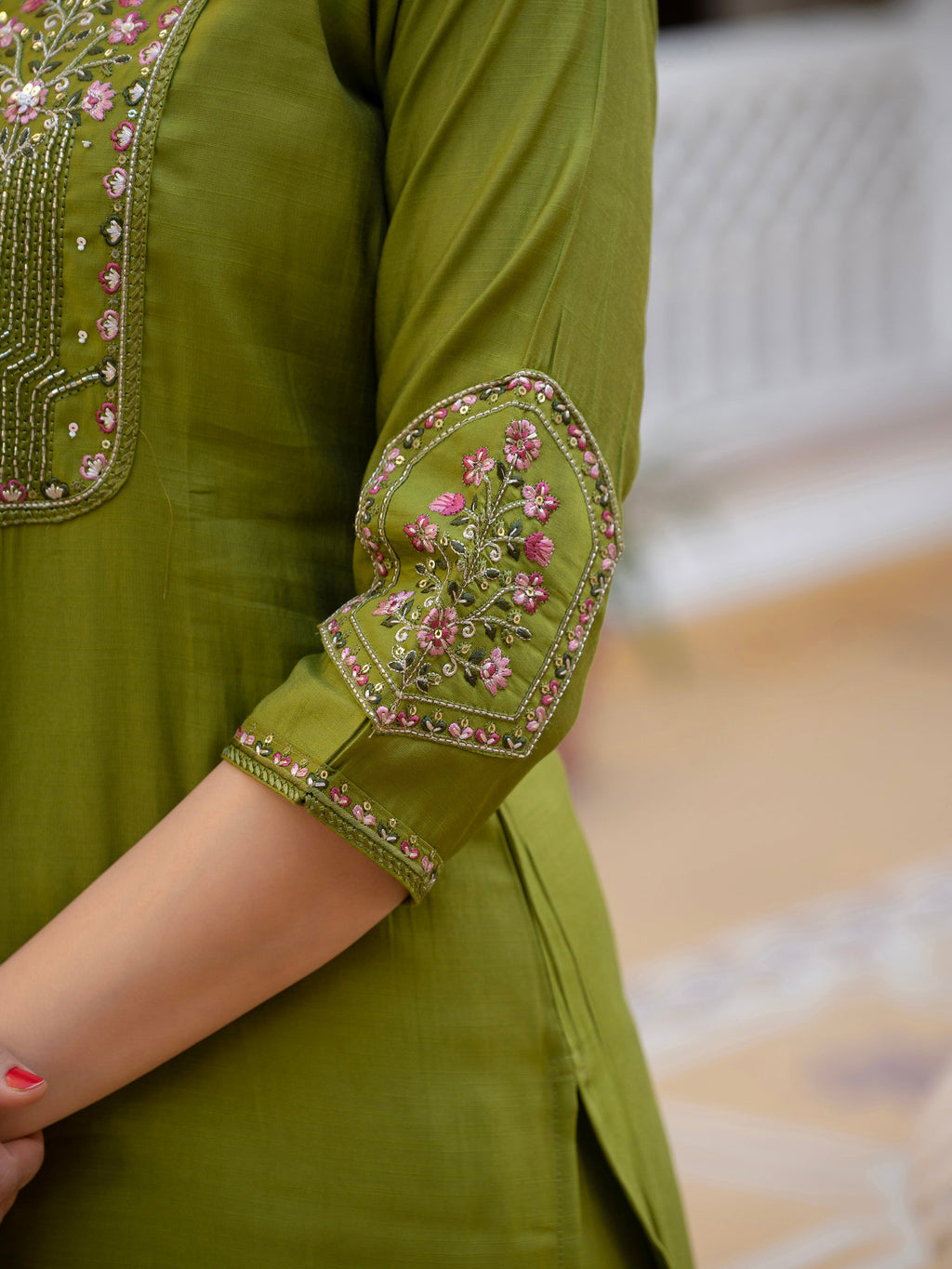 Mehendi Viscose Mango Silk Kurta Set with Hand-Embroidered Sequins