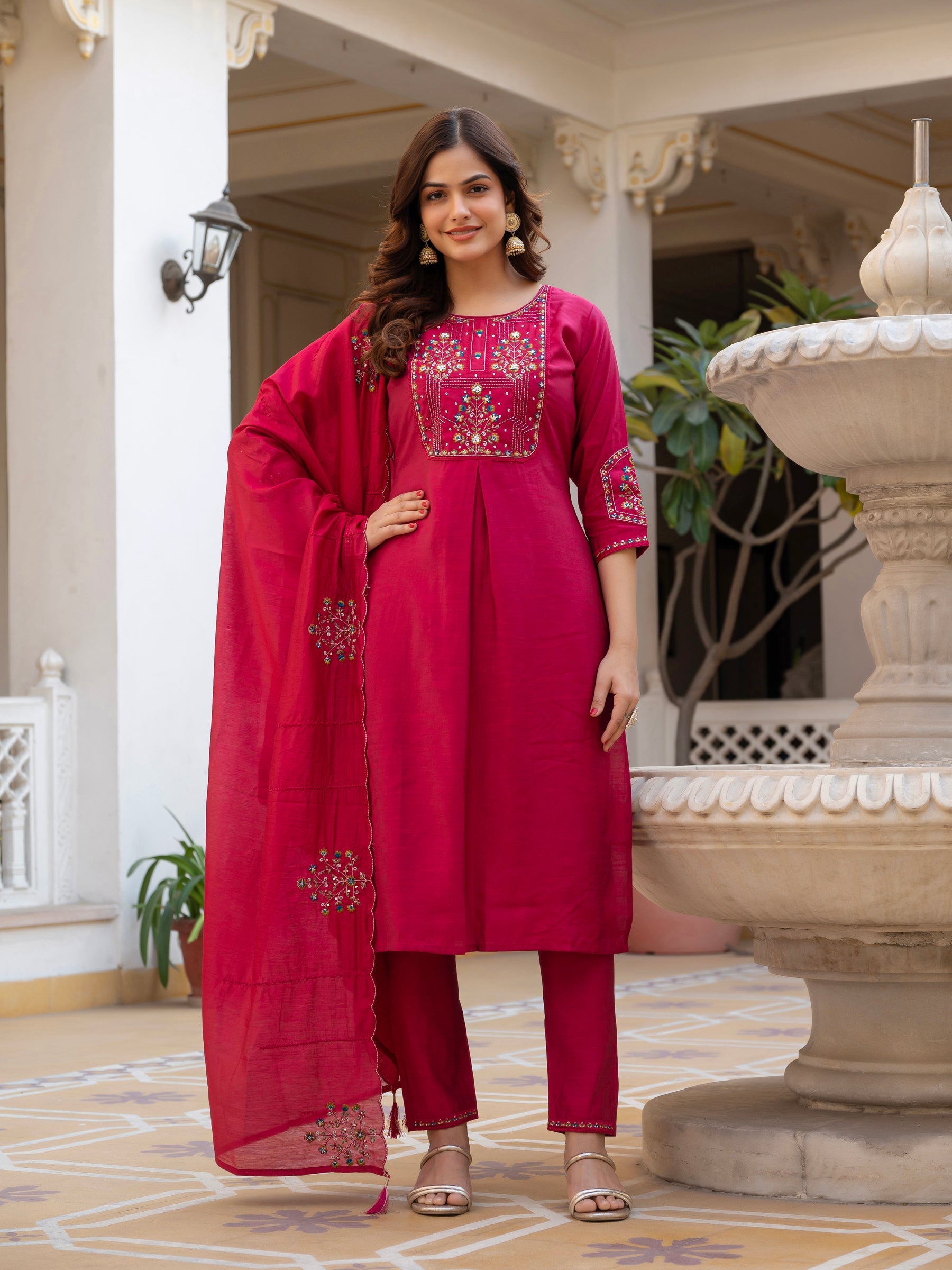 Ranipink pure viscose mango silk kurta set with detailed multi-embroidery and sequins
