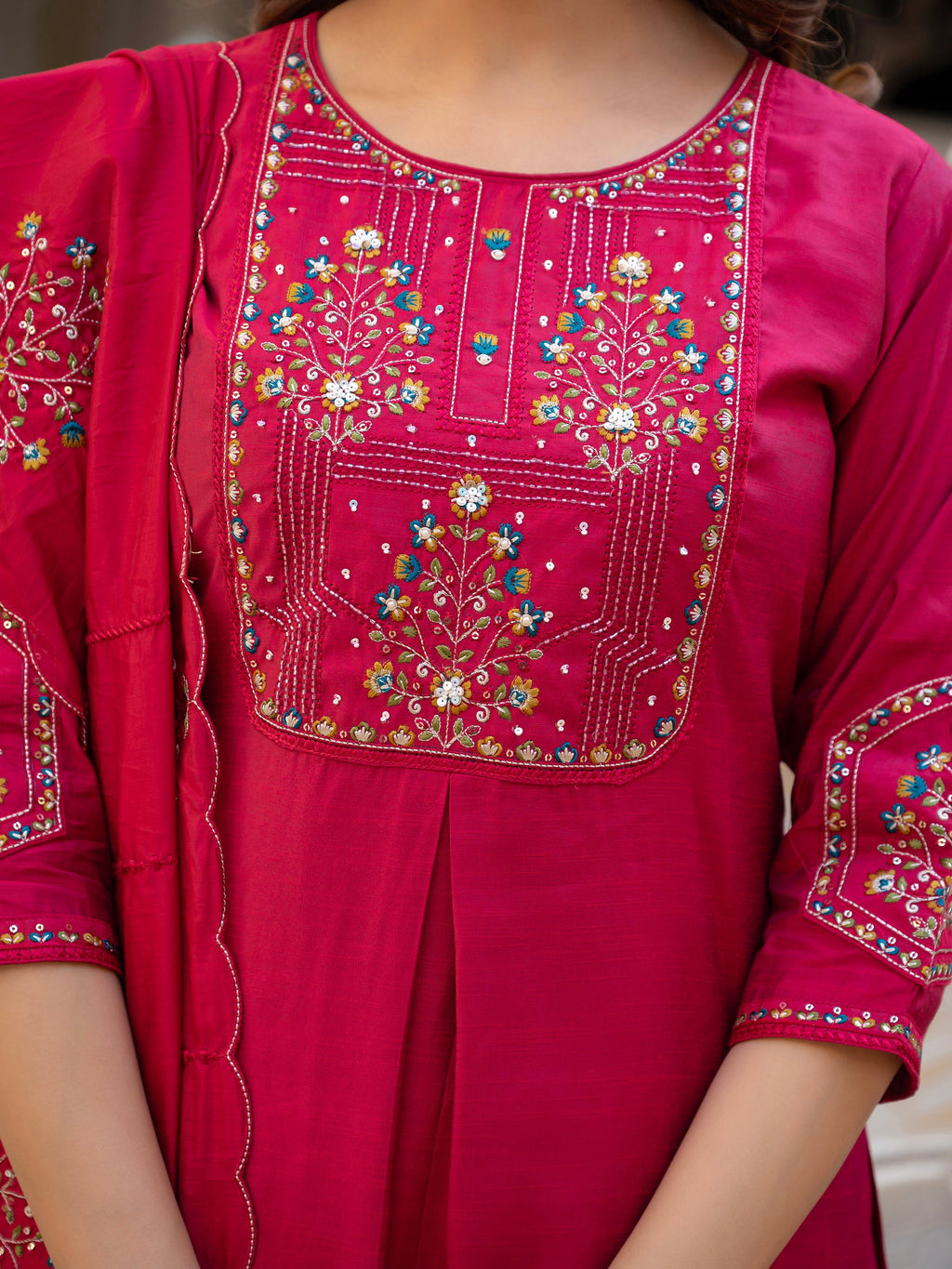 Ranipink Viscose Mango Silk Kurta Set with Hand-Embroidered Sequins