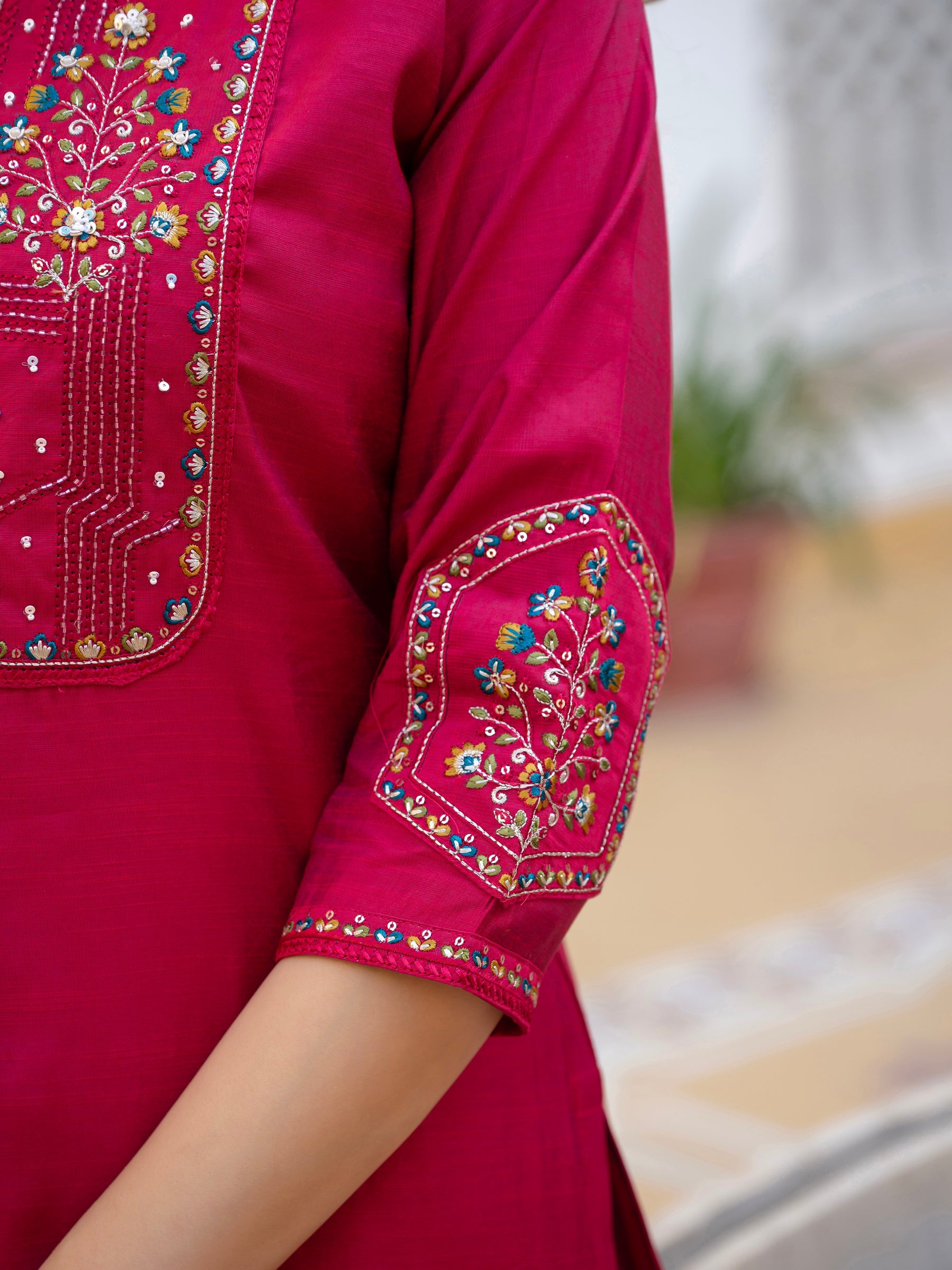 Ranipink Viscose Mango Silk Kurta Set with Hand-Embroidered Sequins