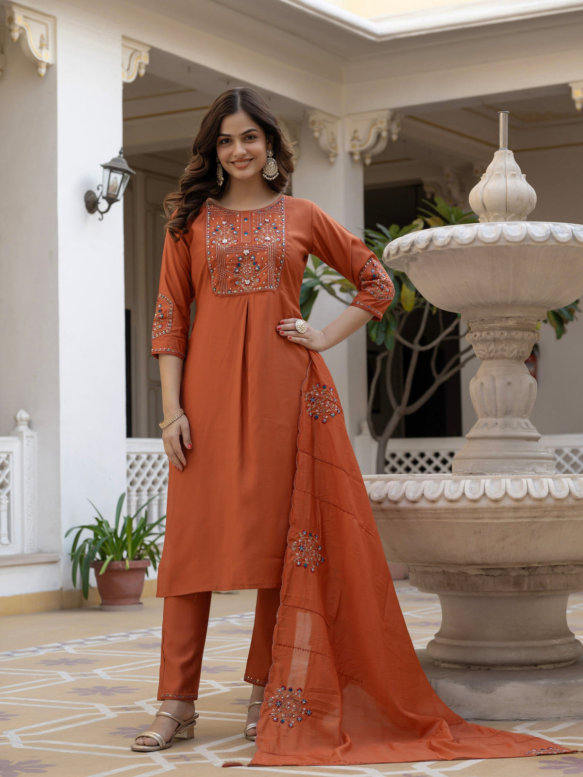 Rust colored viscose mango silk suit set with sequins and embroidery