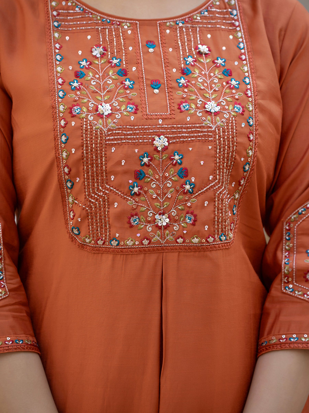 Rust Viscose Mango Silk Embroidered Kurta Pant Dupatta Set
