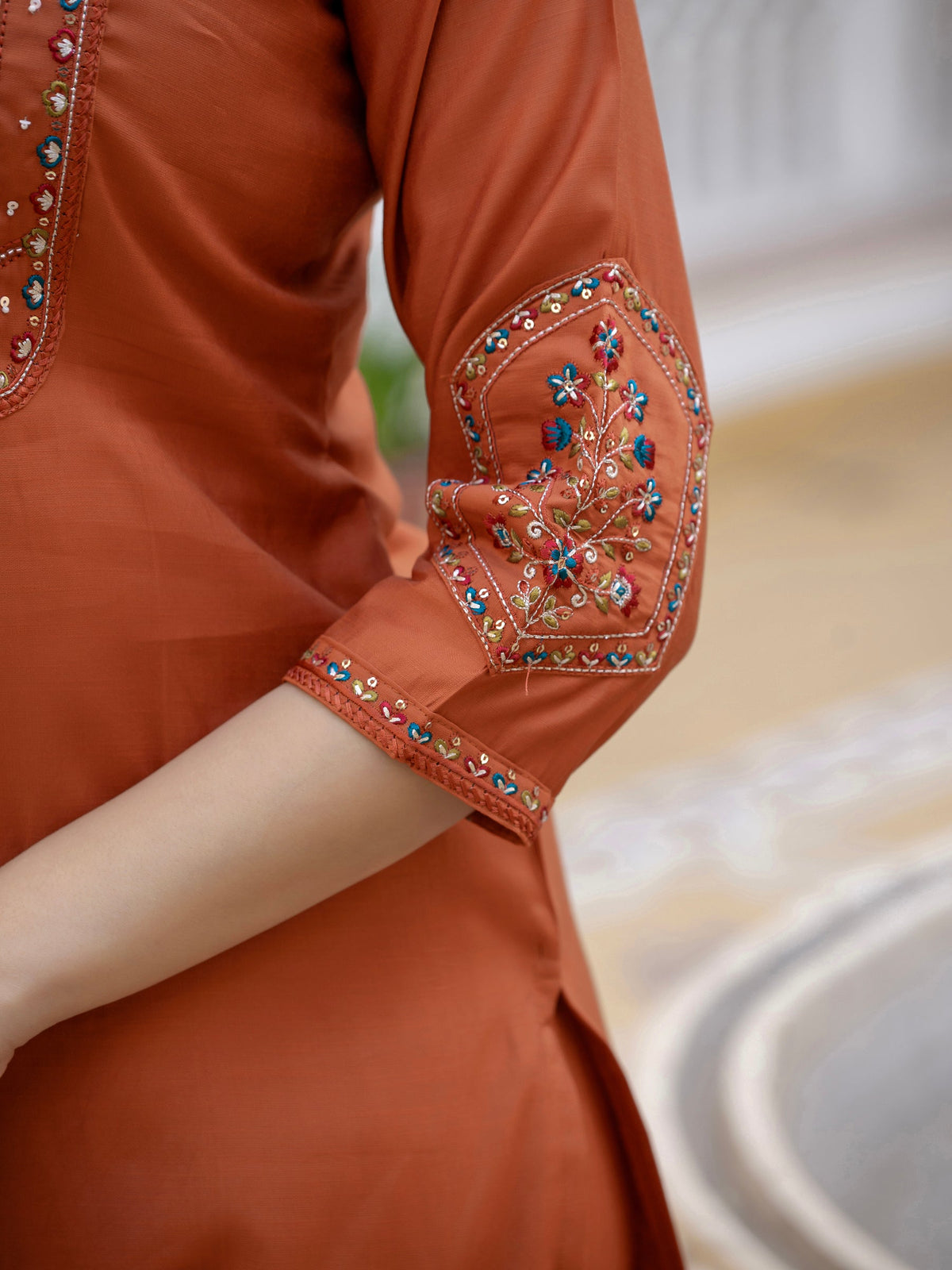 Rust Viscose Mango Silk Embroidered Kurta Pant Dupatta Set