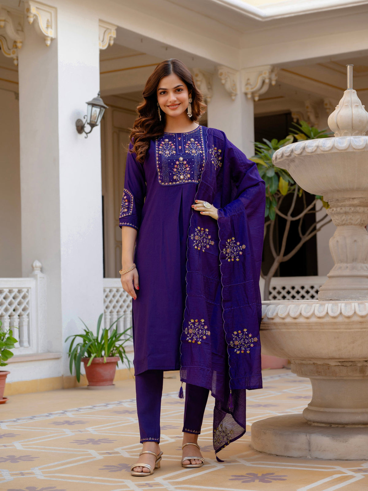 Violet Viscose Mango Silk Kurta and Pant set featuring intricate sequins, hand work, and multi-colored embroidery.