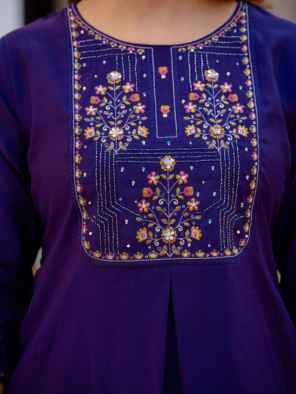 Violet Viscose Mango Silk Kurta Pant Set with Sequins Embroidery