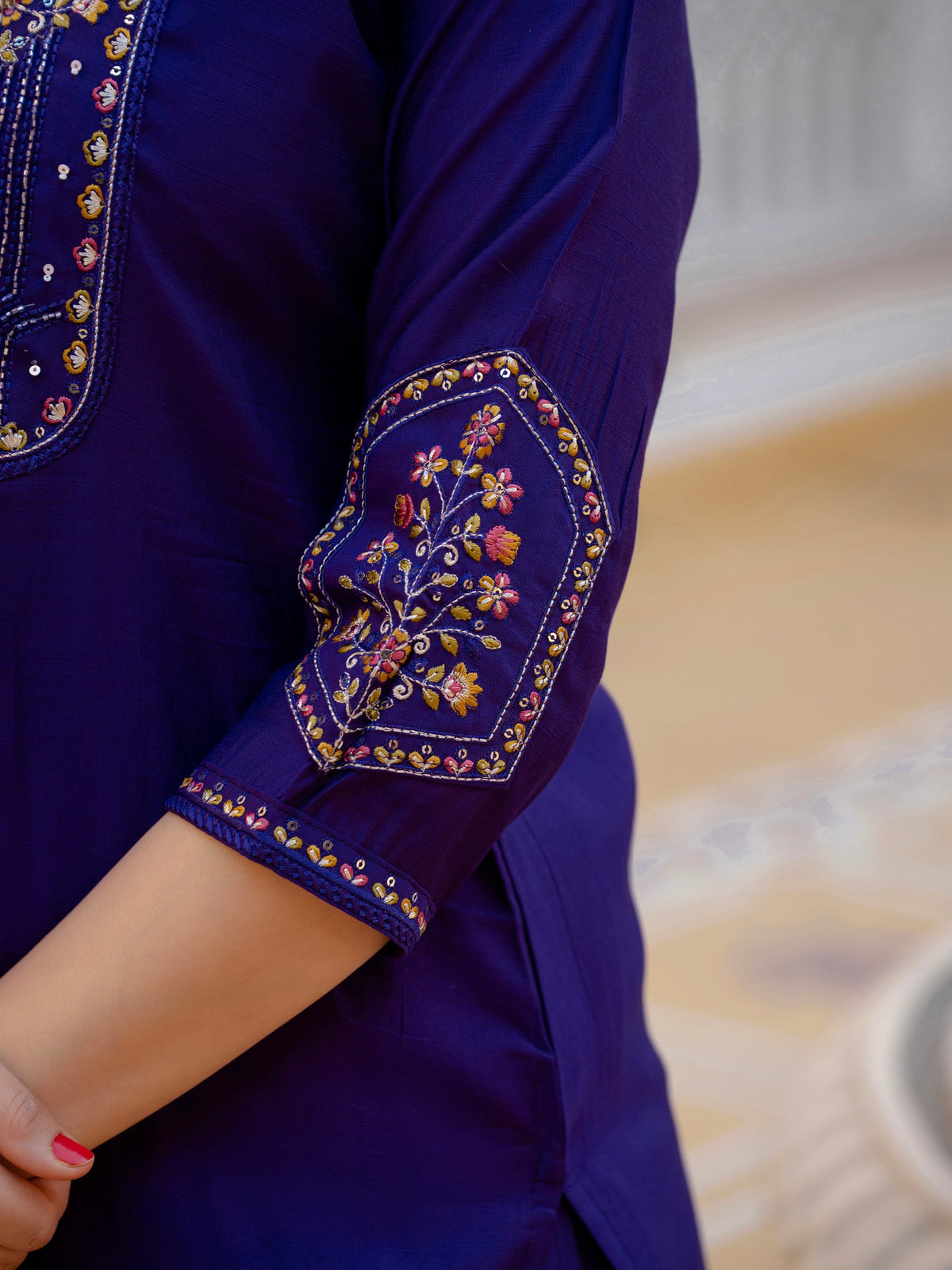 Violet Viscose Mango Silk Kurta Pant Set with Sequins Embroidery