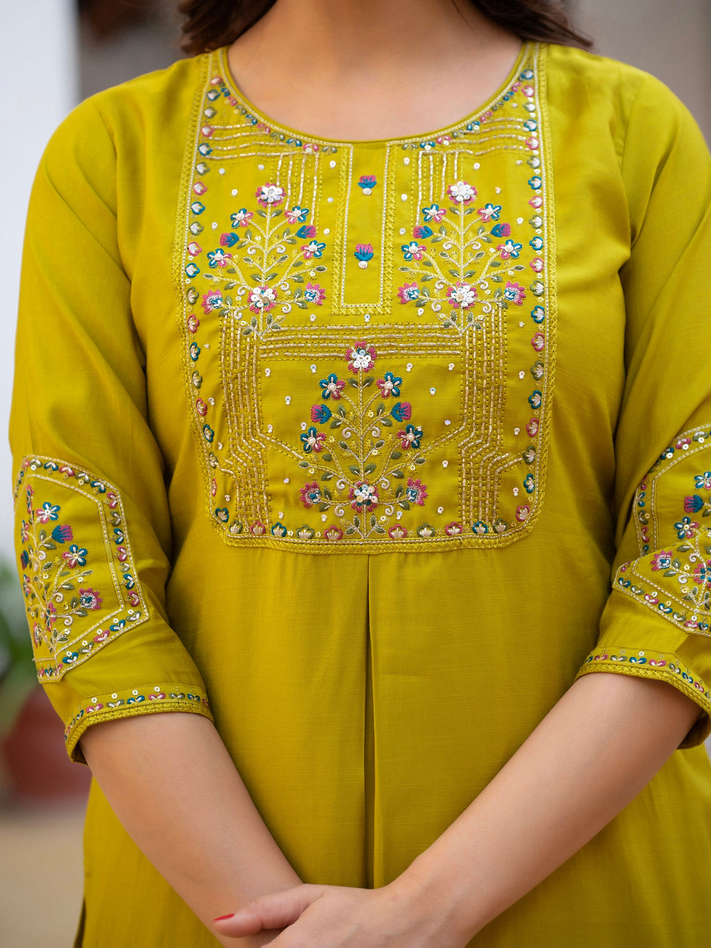 Yellow Viscose Mango Silk Kurta Pant Set with Sequins Embroidery
