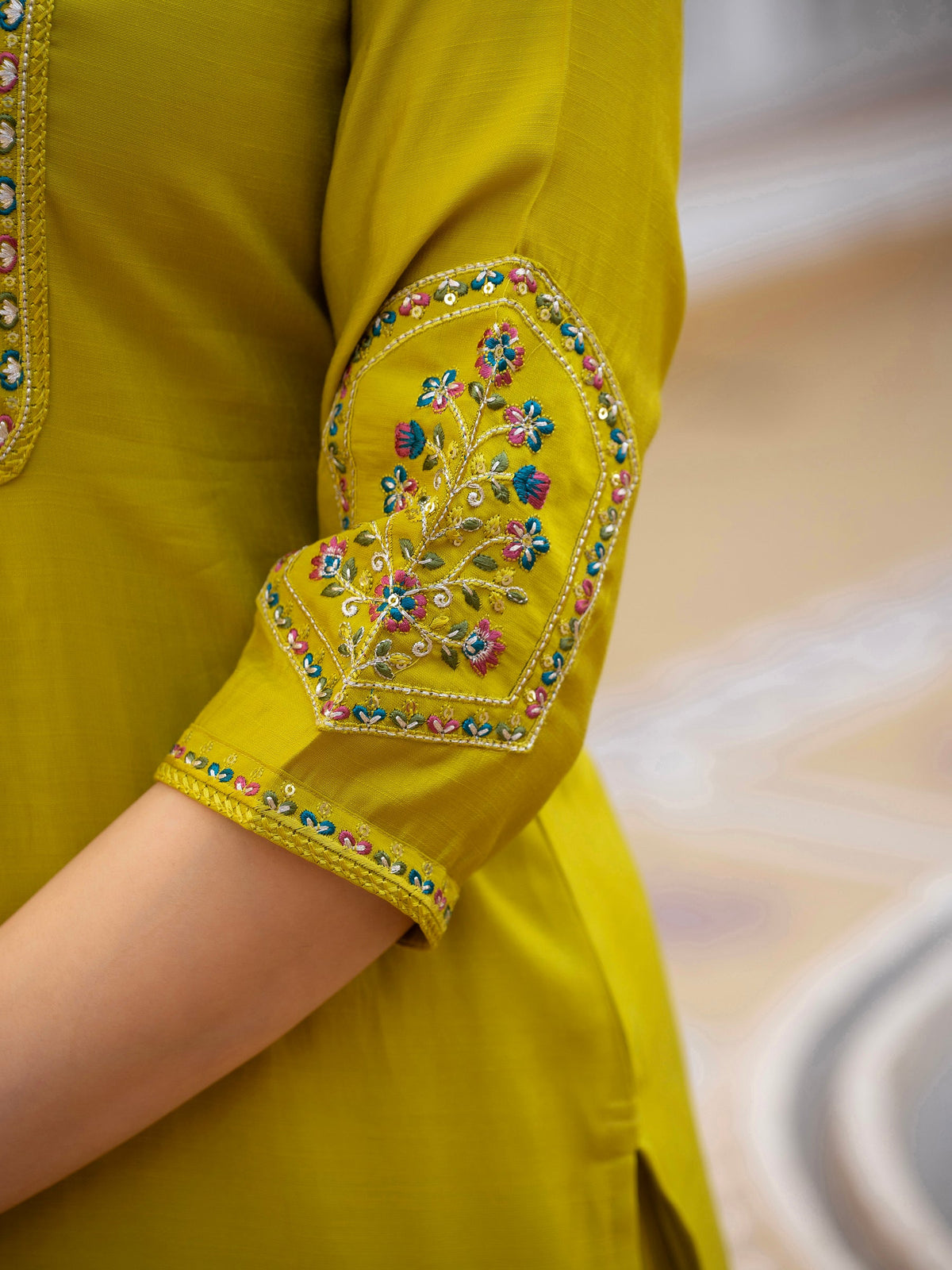 Yellow Viscose Mango Silk Kurta Pant Set with Sequins Embroidery