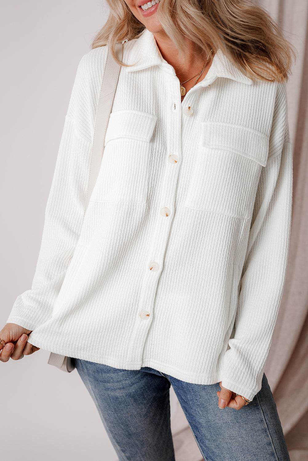 Solid Corduroy Button-Up Long Sleeve Jacket