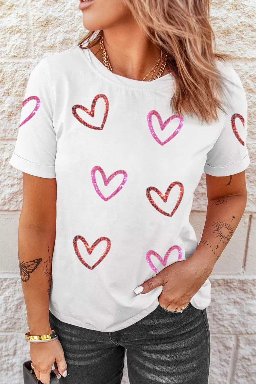 Sequin Heart Short Sleeve Casual Tee | Women's Crew Neck