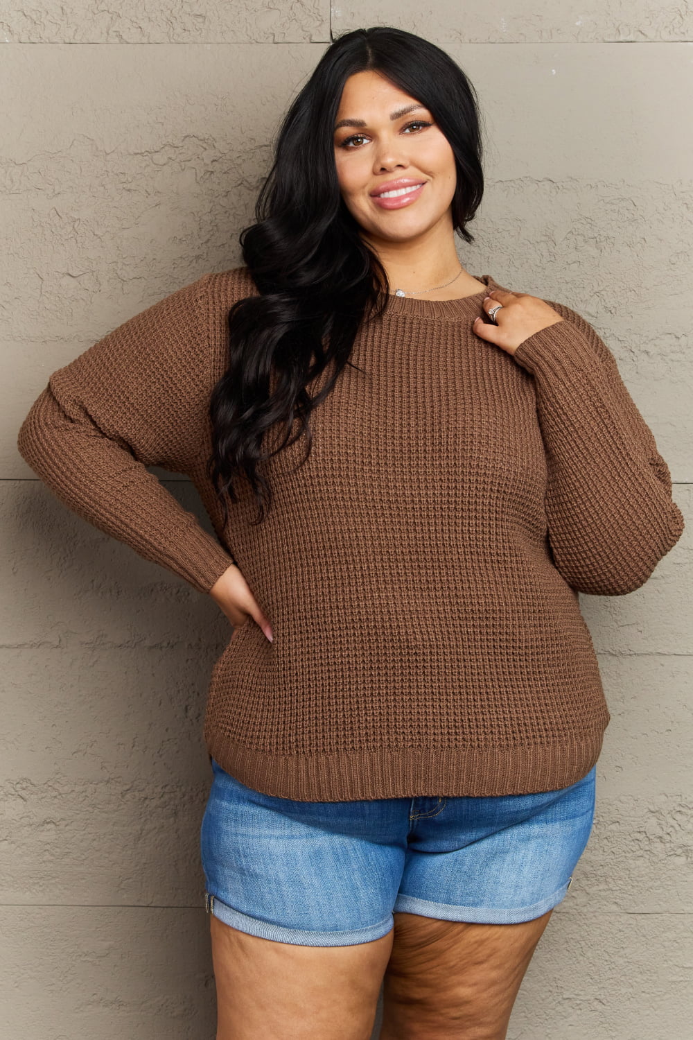 Zenana Brown Waffle Knit Sweater | Oversized High-Low