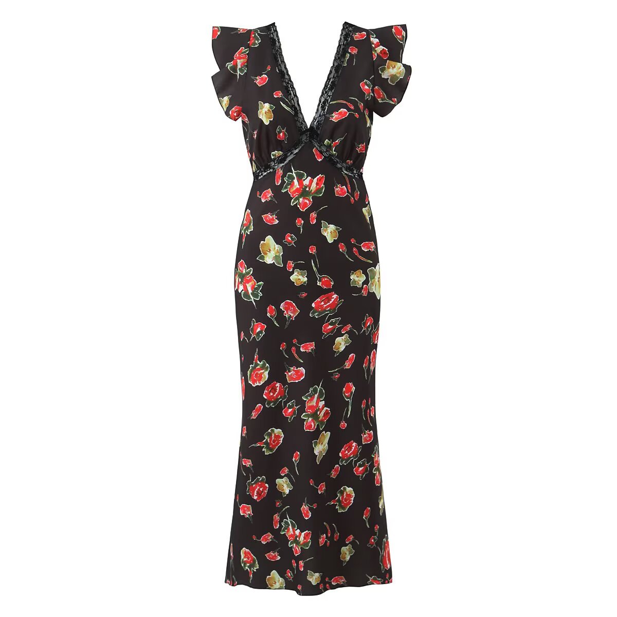 Sexy V neck Sleeveless Printed Dress Waist Slimming Mid Length Mesh Hip Dress