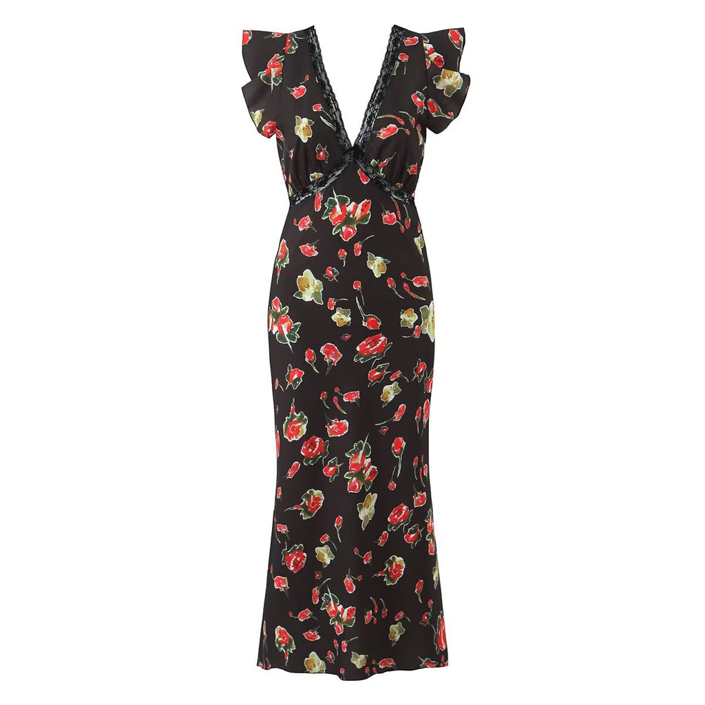 Sexy V neck Sleeveless Printed Dress Waist Slimming Mid Length Mesh Hip Dress