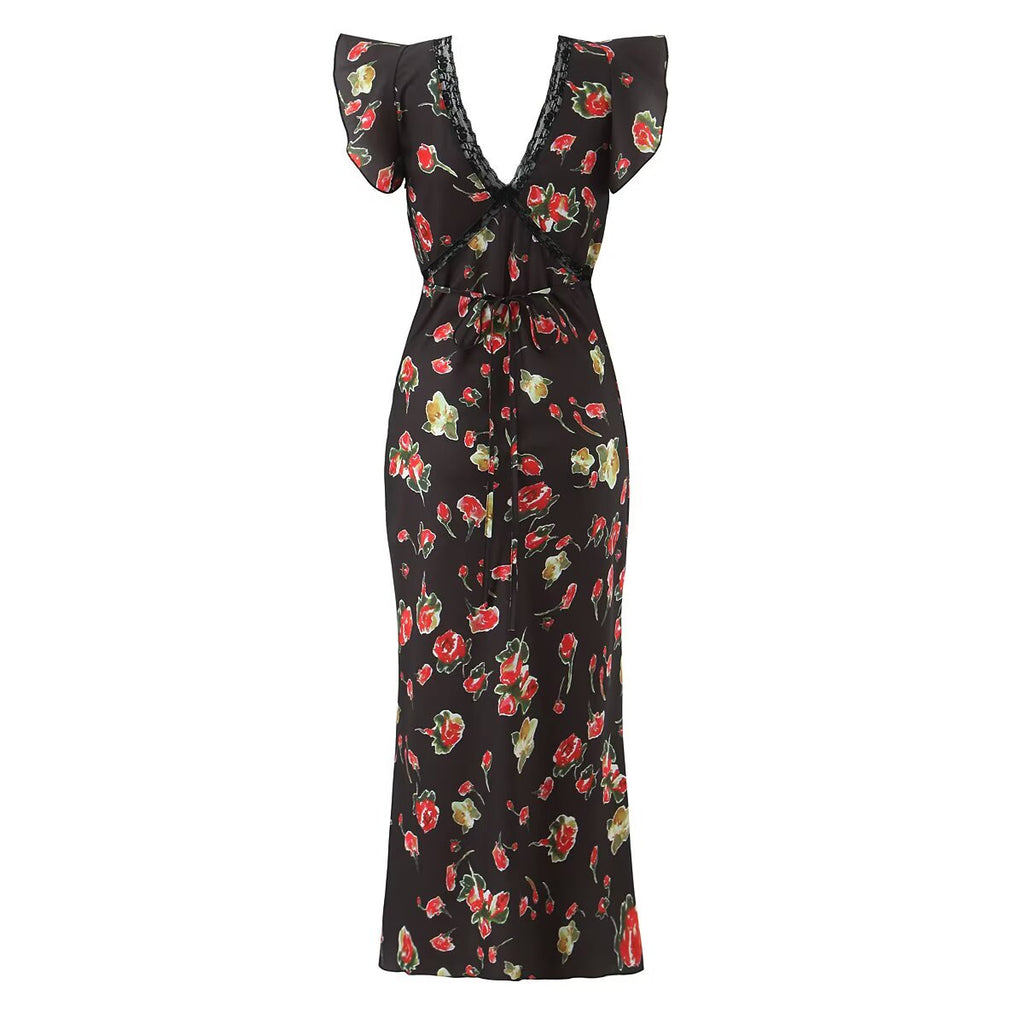 Sexy V neck Sleeveless Printed Dress Waist Slimming Mid Length Mesh Hip Dress