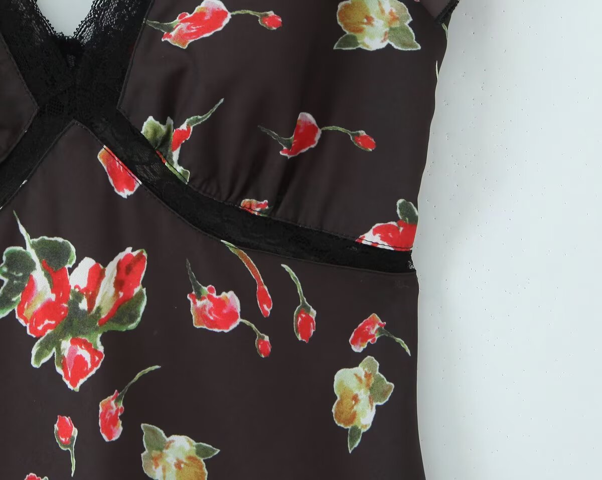 Sexy V neck Sleeveless Printed Dress Waist Slimming Mid Length Mesh Hip Dress